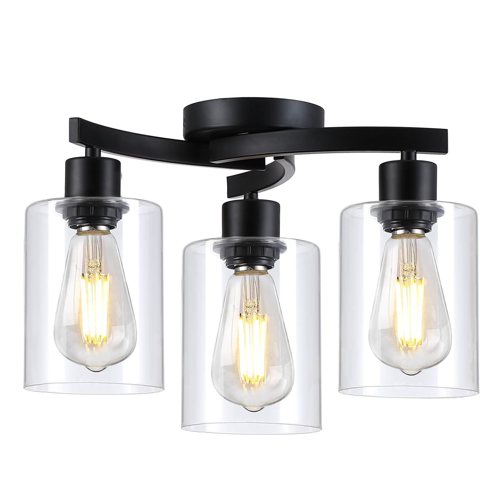 3WWWUEE 3-Light Semi Flush Mount Ceiling Light, Modern Close to Ceiling Light Fixtures with Clear Glass Shades, Black Light Fixt