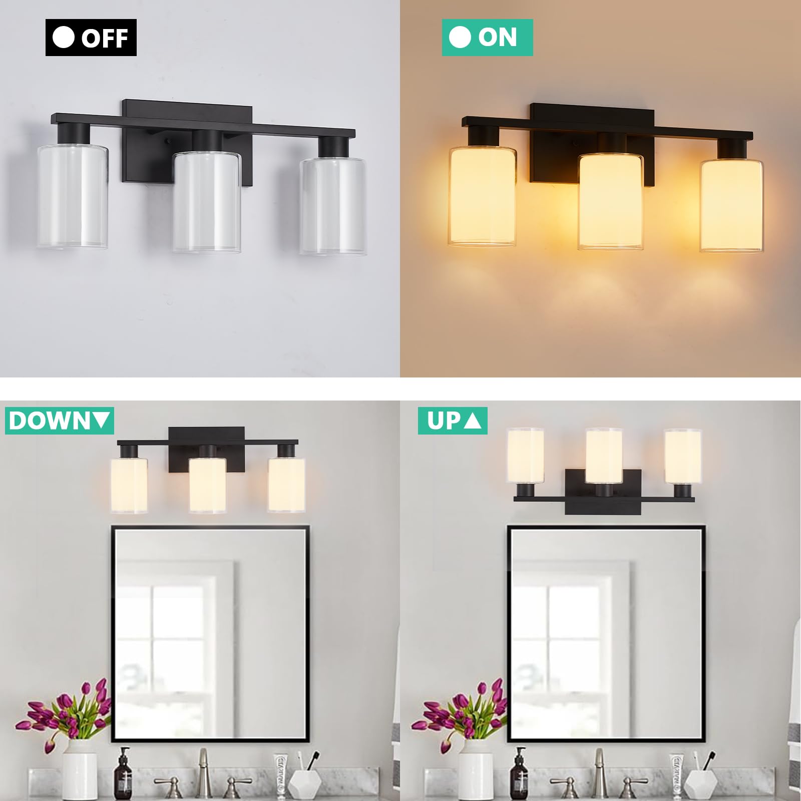 Bathroom Light Fixtures, 3 Lights Matte Black Vanity Light With White Glass And Clear Glass Lampshade, Modern Bathroom Vanity Lights Over Mirror, Bath Wall Sconces Lighting For Living Room Hallway