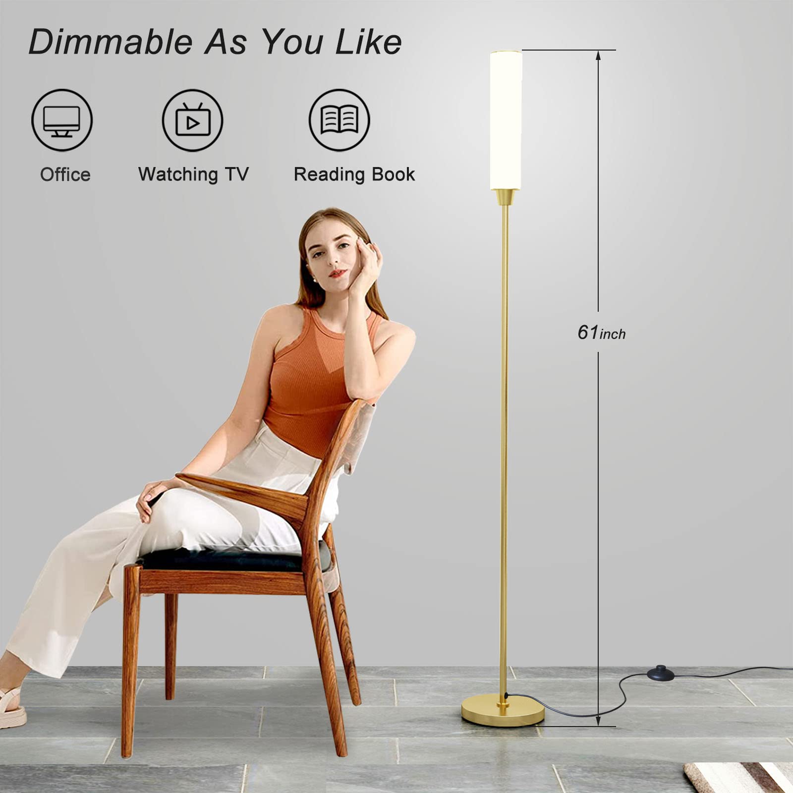 Nukanu Floor Lamp With Remote Control,Bright Floor Lamps For Living Room/Bedroom/Office, Stepless Adjustable 3000K-6000K Colors And 10-100% Brightness,Standing Light With Foot Switch (Gold)