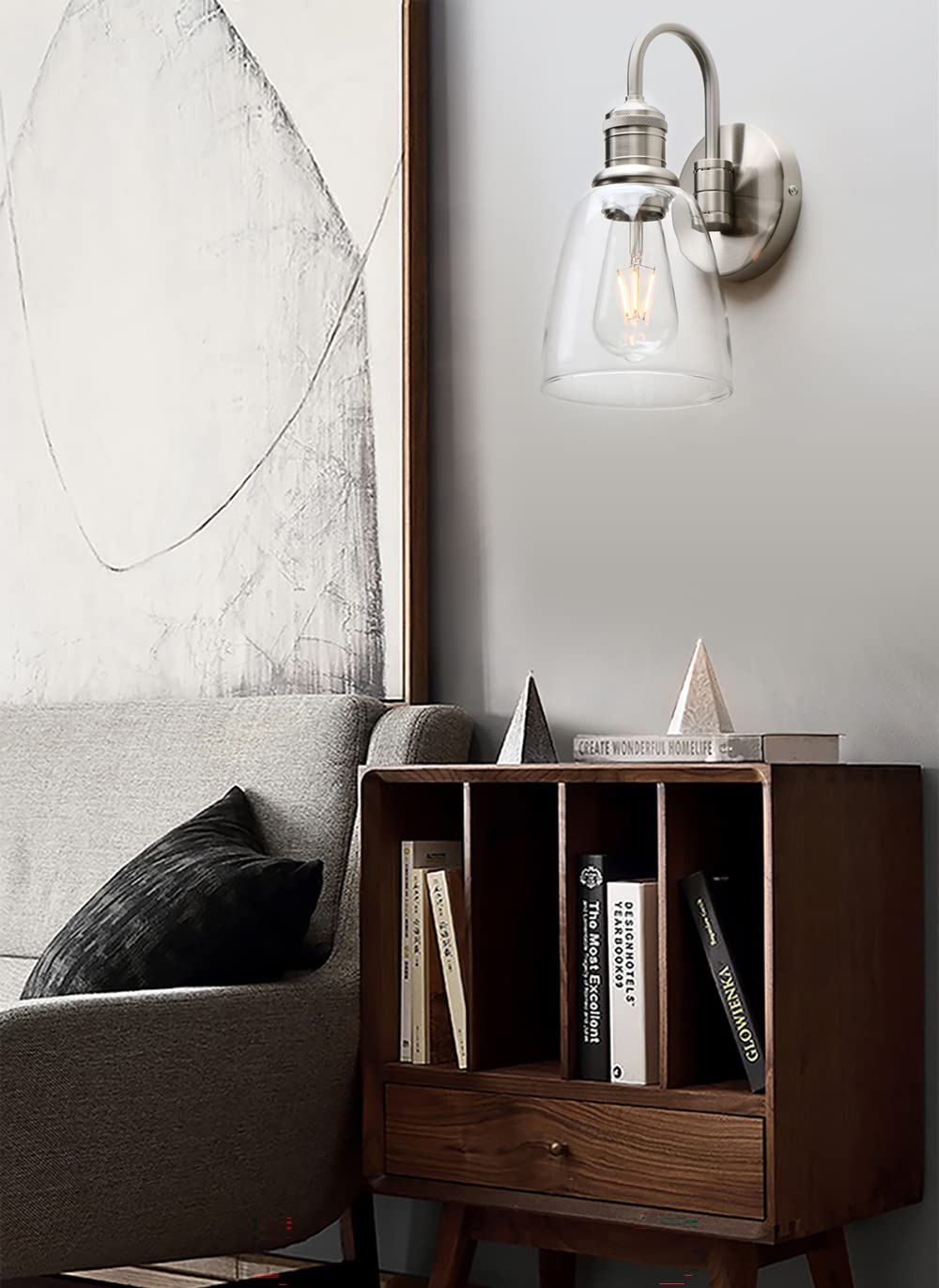 Yosoan 1-Light Brass Wall Sconce, Retro Clear Glass Shade, Hardwired, Model 6123, Brushed Finish