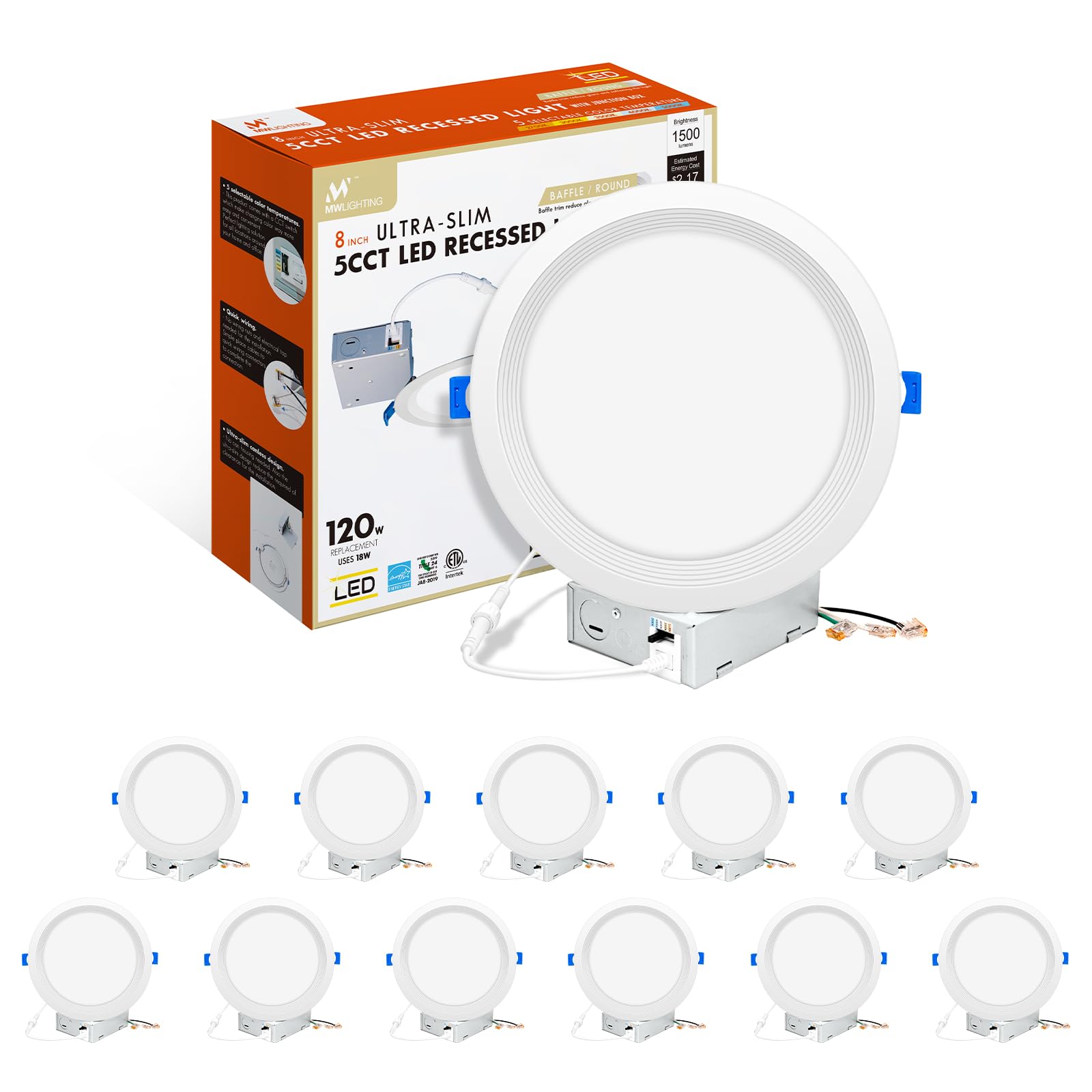 Mw 12 Pack 8 Inch Ultra-Thin Led Recessed Light With Junction Box,Baffle Trim, 2700/3000/3500/4000/5000K, Dimmable, 1500Lm, Ener