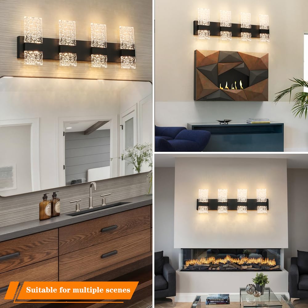 Modern Matte Black 8-Lights Bathroom Vanity Light  Eleglant Led Bathroom Light Fixtures Over Mirror  Dimmable Acrylic Shade Wall Lighting Fixtures  Hardwired Wall Light(H9.25In  L28.35In)