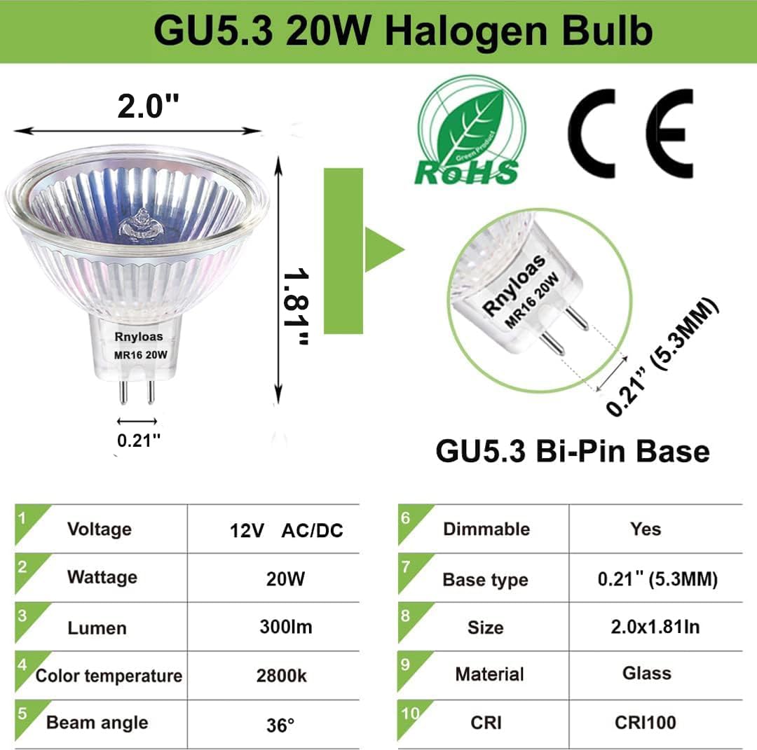 Rnyloas Mr16 Halogen Bulb, 3 Pack Mr16 12V 20W High Brightness 300Lm, Dimmable With Gu5.3 Base Long Lasting, 2800K Warm White Wi