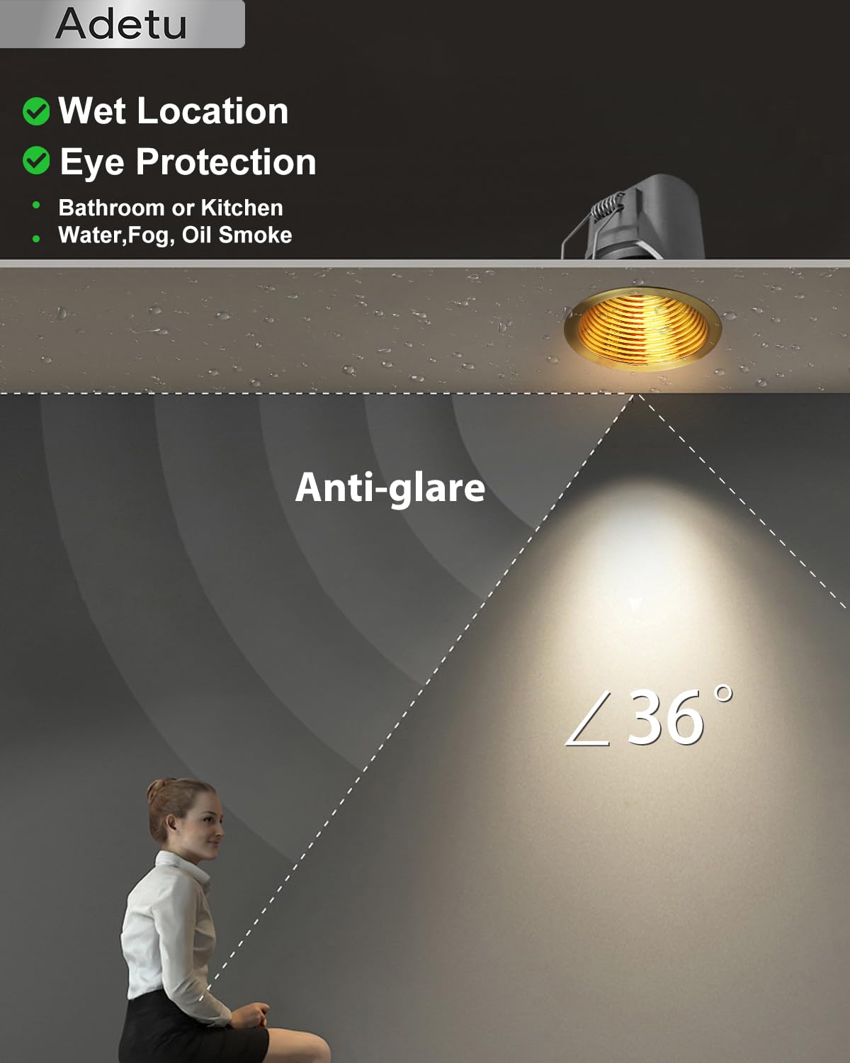 Adetu 2 Inch 5Cct Gold Led Recessed Ceiling Light With Junction Box, 2700K/3000K/4000K/50000K Selectable, Cri90, 8W Cob, 780Lm,