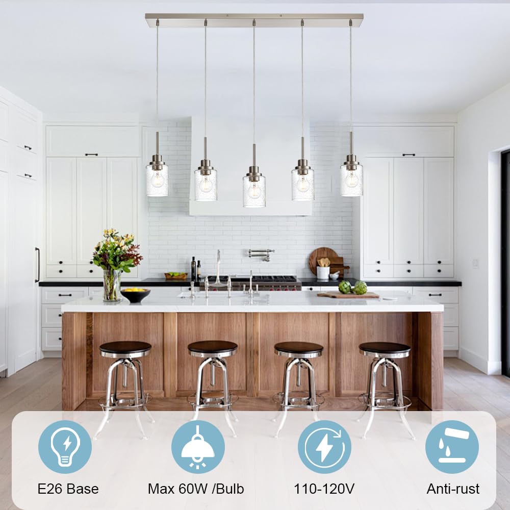 Pendrion Lighting Contemporary Brushed Nickel Linear Chandelier Pendant Light 5 Lights Clear Seeded Glass Farmhouse Pendant Ligh