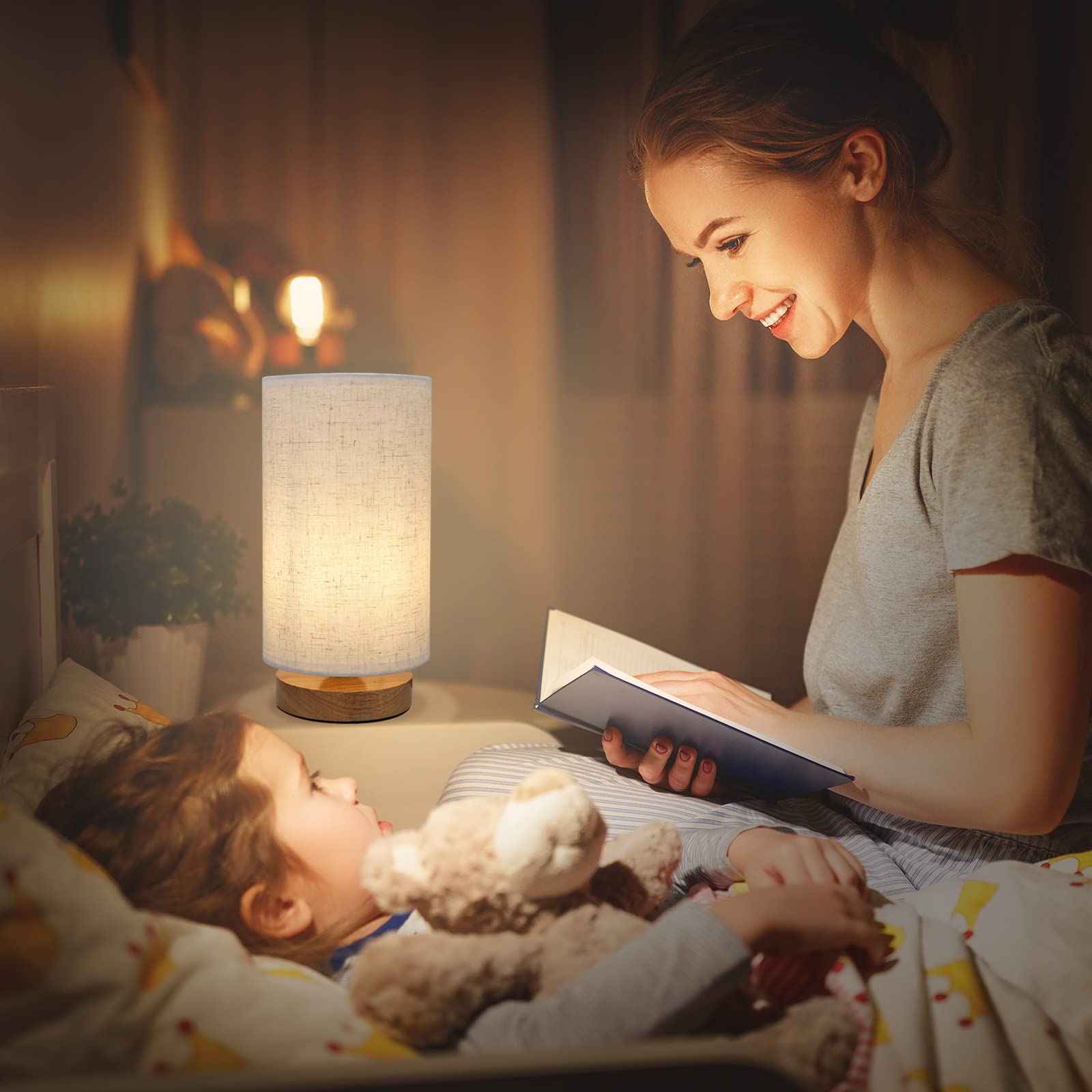 SEENSINY Cream Small Bedside Table Lamp - Dimmable Minimalist Nightstand Lamp with 3 Color Temperatures for Reading & Living Room