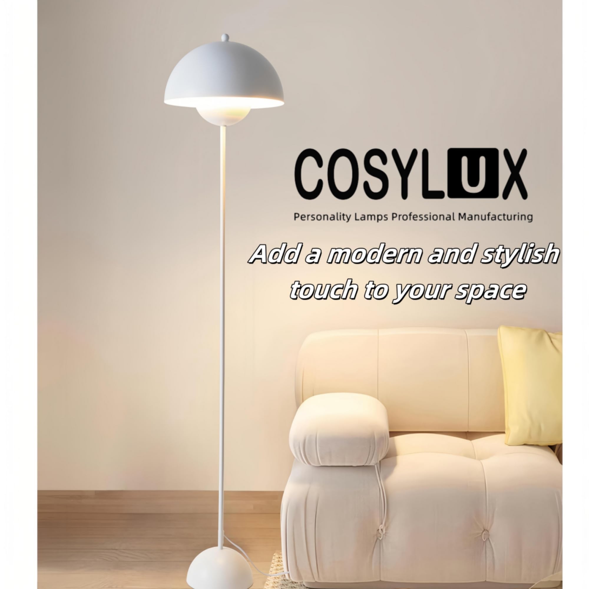 COSYLUX Modern Floor Lamp - Industrial Metal Shade, Tall Standing Design, Matte White, Perfect for Living Room, Bedroom, Office, Nursery