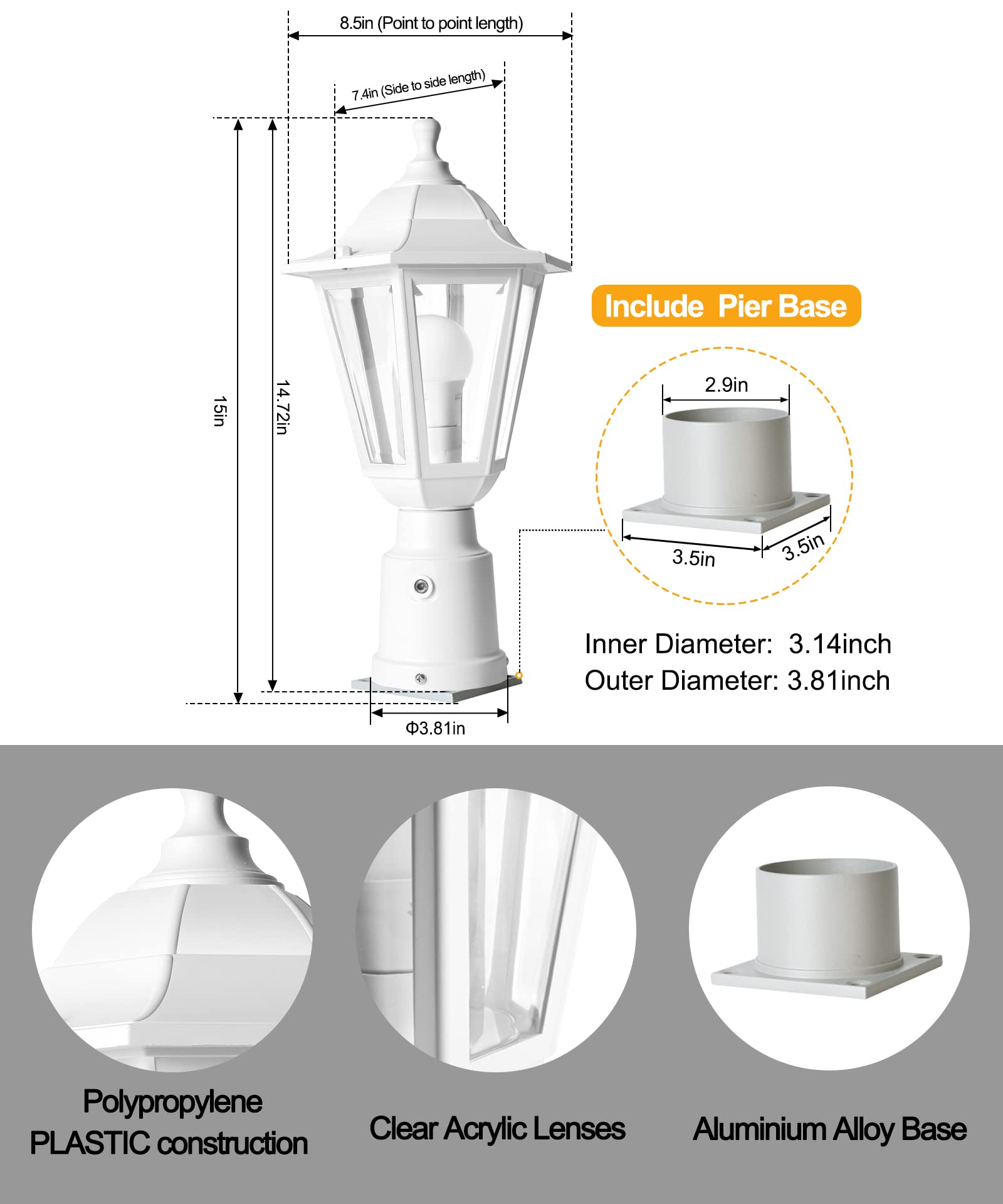 FUDESY Dusk to Dawn Outdoor Post Light, Waterproof Plastic Lantern, White