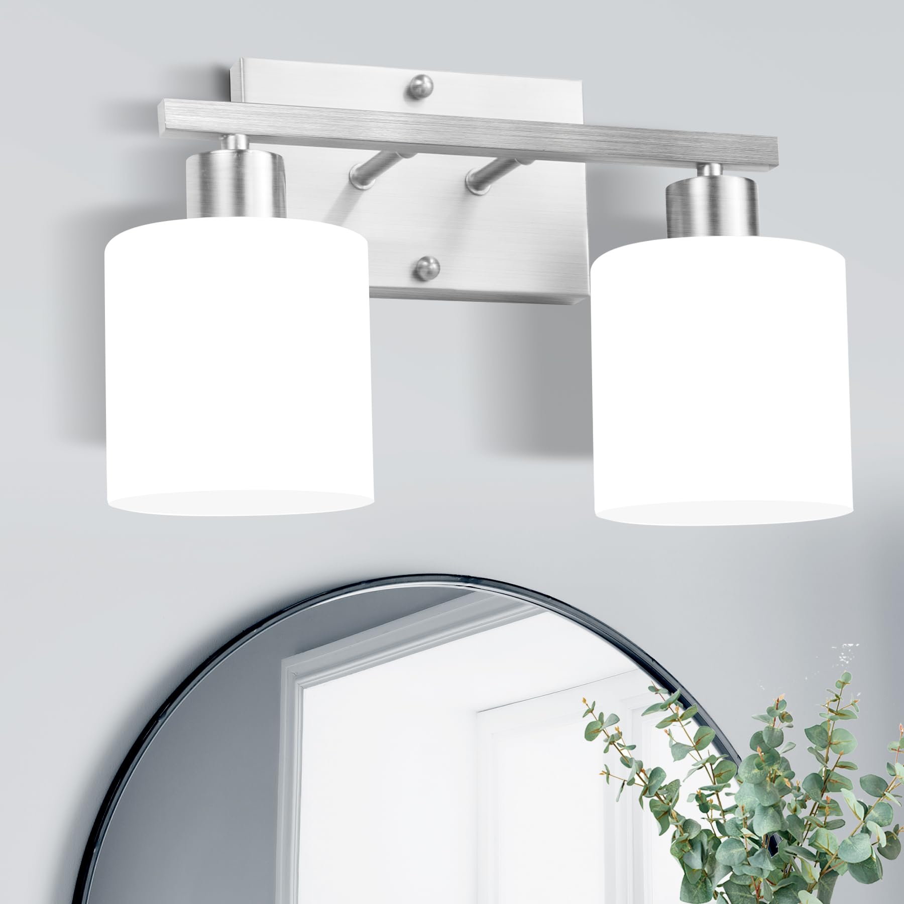SILAMPDI 2-Light Bathroom Vanity Lights Brushed Nickel Metal Wall Sconces with Milky White Glass Shades, Model SLD-JQD-001