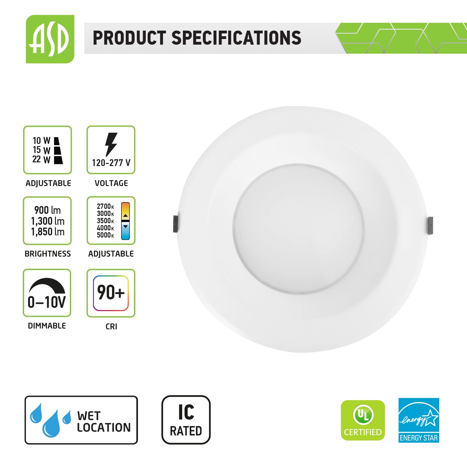 ASD 6 Inch Canless LED Downlight, Dimmable 10/15/22W, 5 Color Temps, Aluminum, 4 Pack, White, Model ASD-CDL7-