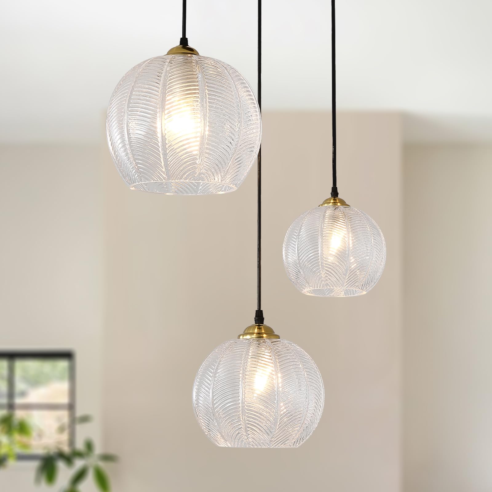 Testoys 3-Light Clear Glass Pendant Light, Globe Shade Hanging Chandelier, Hand Blown Glass Ball Pendant Light Fixtures For Kitc
