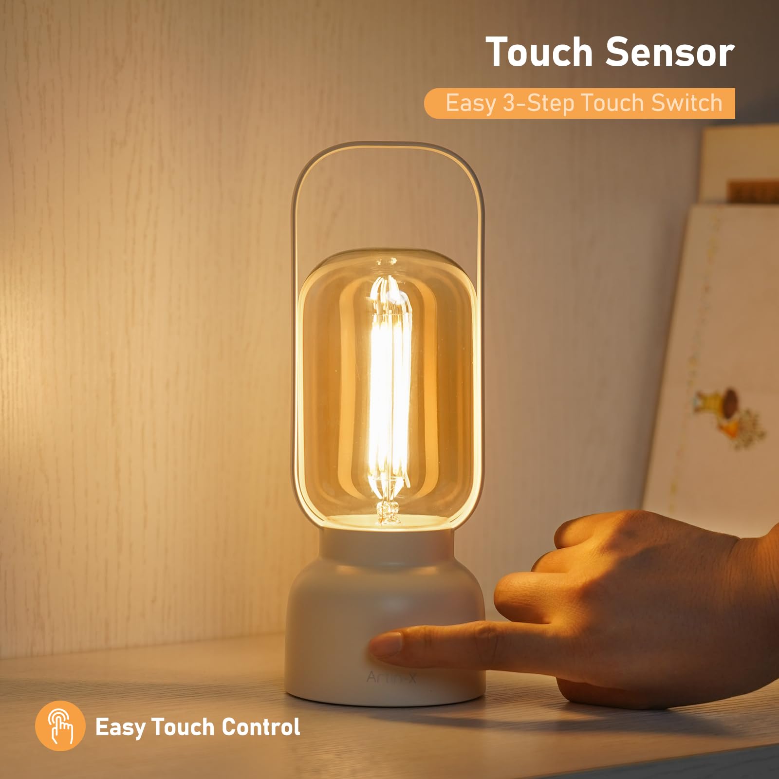 Artin-X Retro Cordless Lantern Table Lamp, 40 Hours Long Lasting Dimming Night Light, Small Rechargeable Battery Operated Light