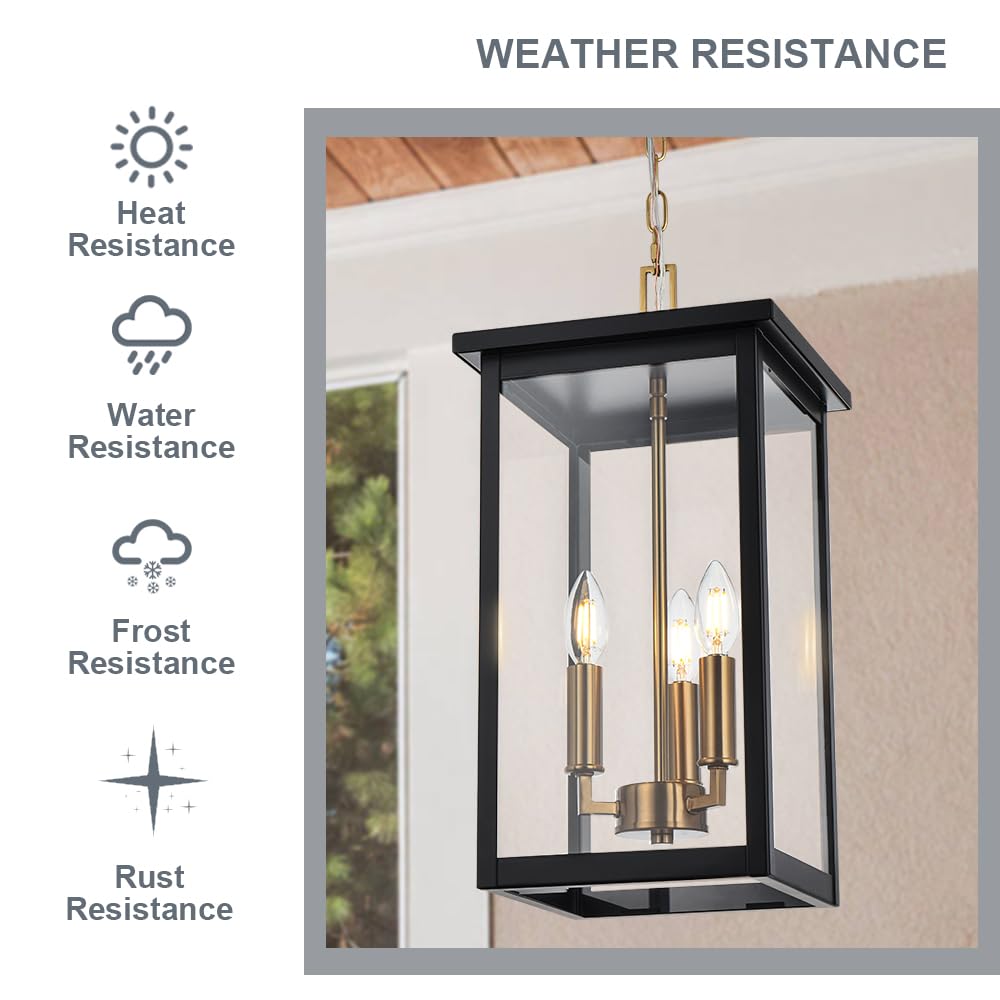 Winshen 3-Lights Large Outdoor Pendant Lighting Clear Glass, Ceiling Porch Light Fxitures Adjustable Chain For Foyer Patio, Exte