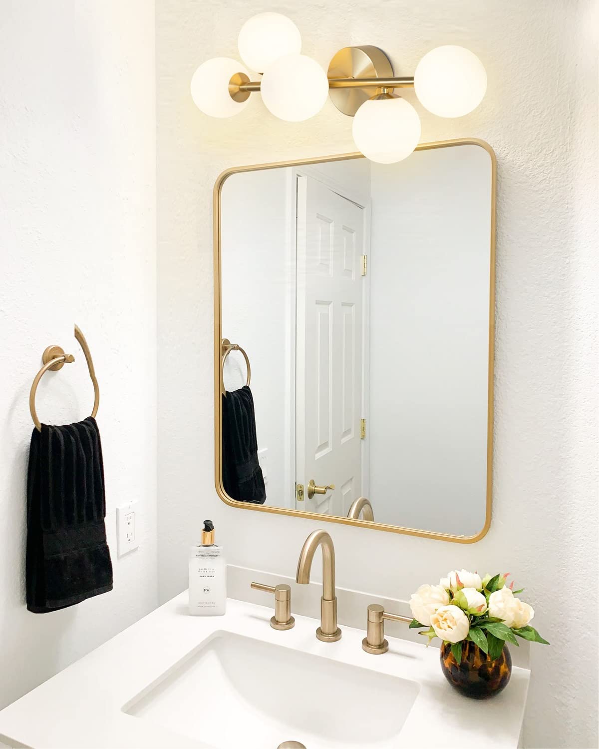 artmoonlight 5-Light Bathroom Vanity Lights, Dimmable LED, Gold Brushed Metal, Milk Glass, Semi-Flush Mount, Model 810054703136