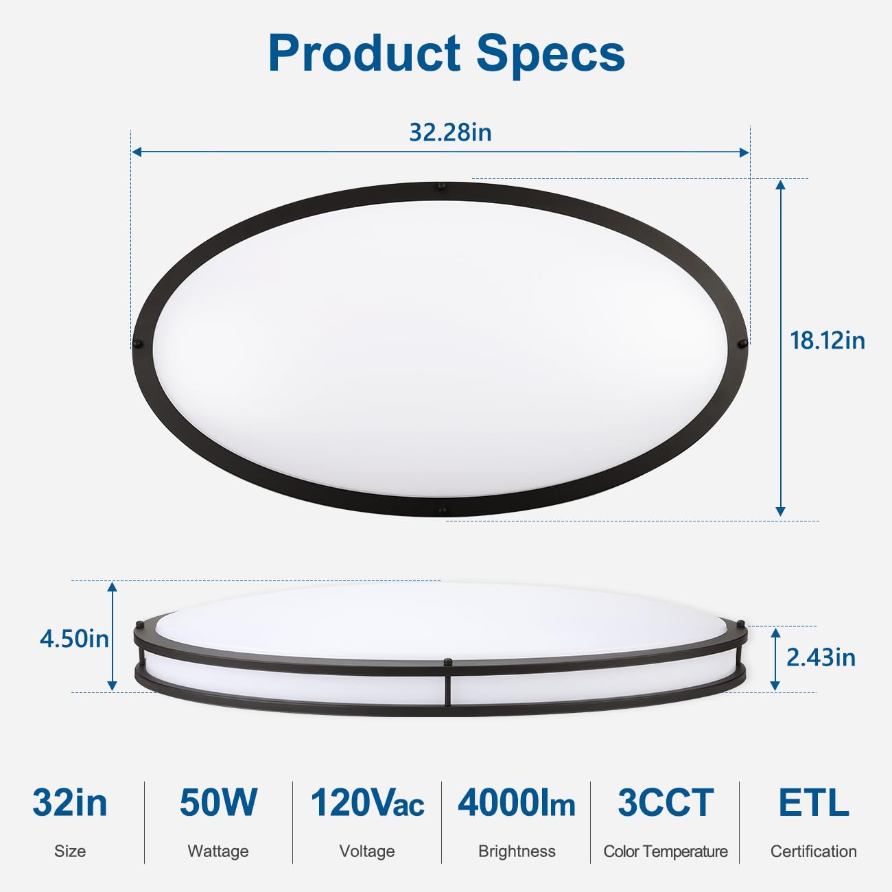 Dakason 32In Oval Led Flush Mount Ceiling Light For Kitchen, 50W Large Led Ceiling Light Fixture For Living Room, 3000K/4000K/50