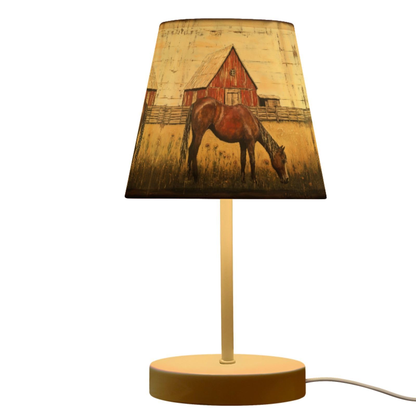 Peystean Modern 3 Colors Dimmable LED Table Lamp, Old Farm House Pony Horse Painting Linen Shade 10.8 Bedside Nightstand Light w