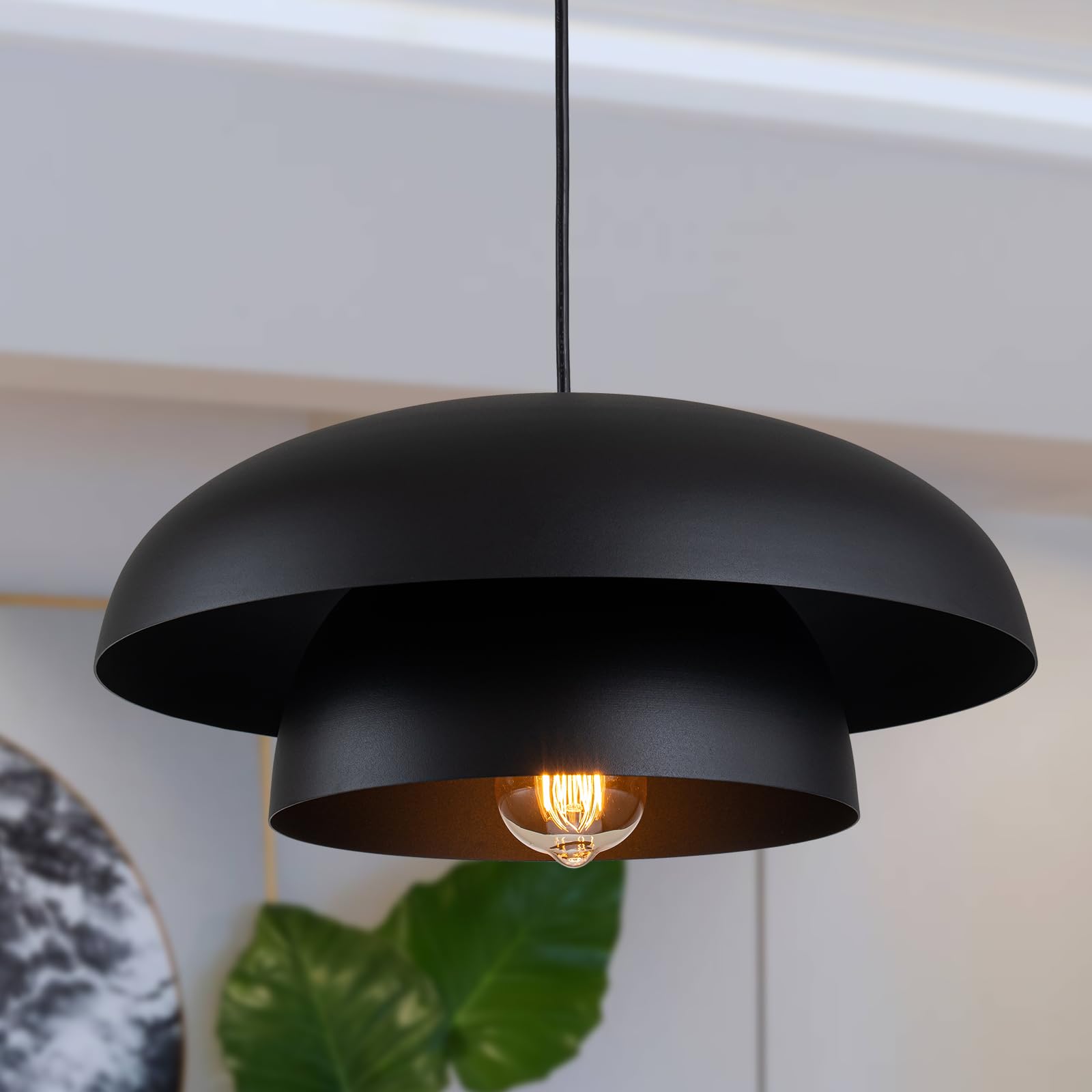 Lingkai 15.7'' Black Modern Pendant Light Fixtures, Kitchen Lighting Fixtures Ceiling Hanging Light Fixtures, Farmhouse Large Pe