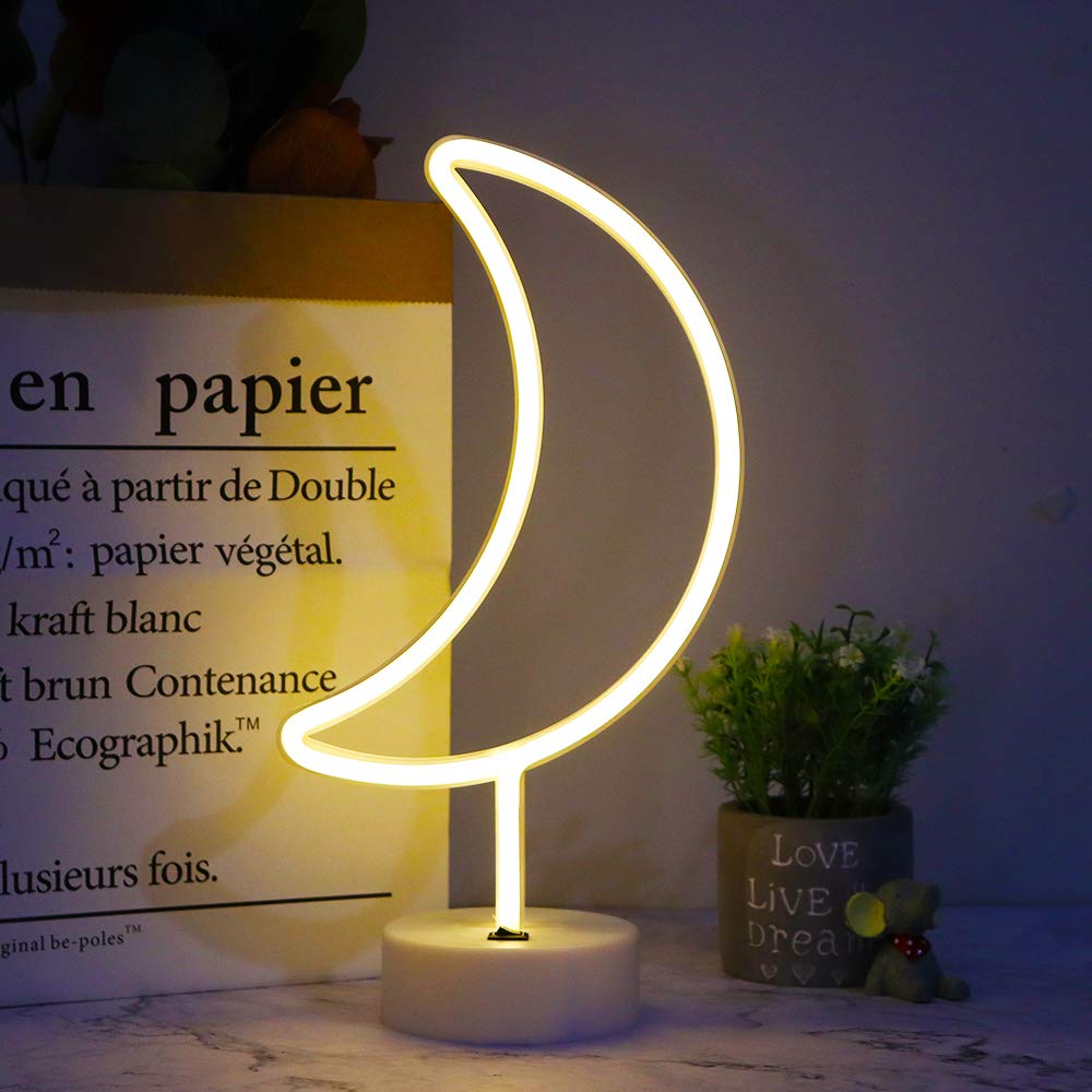 Led Moon Neon Signs, Crescent Night Lights Usb Battery Operated Moon Lamp For Birthday Party, Wedding, Halloween, Christmas Decorations-Moon With Holder Base(Warm White)