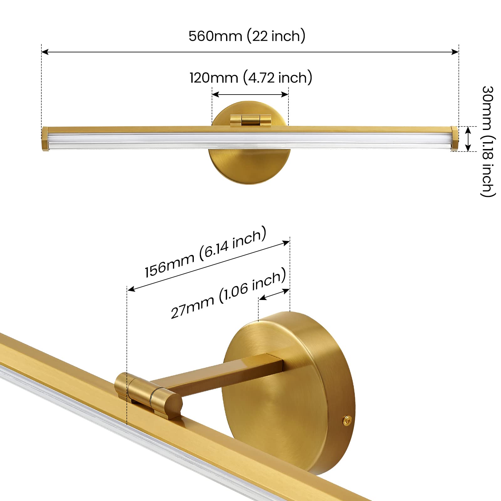 KAISITE Gold Bathroom Light Fixture - 22 Inch LED Dimmable Vanity Light, 18W 4000K, Adjustable Angle, Modern Design for Living Room & Bathroom