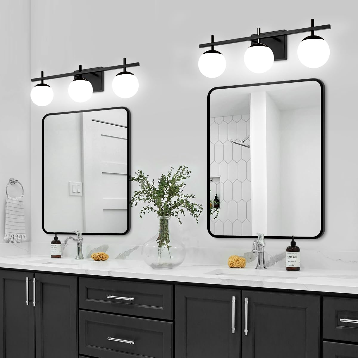 Zsmihdoh 3-Light Black Bathroom Vanity Light, Mid Century Globe Fixtures With Milky Glass