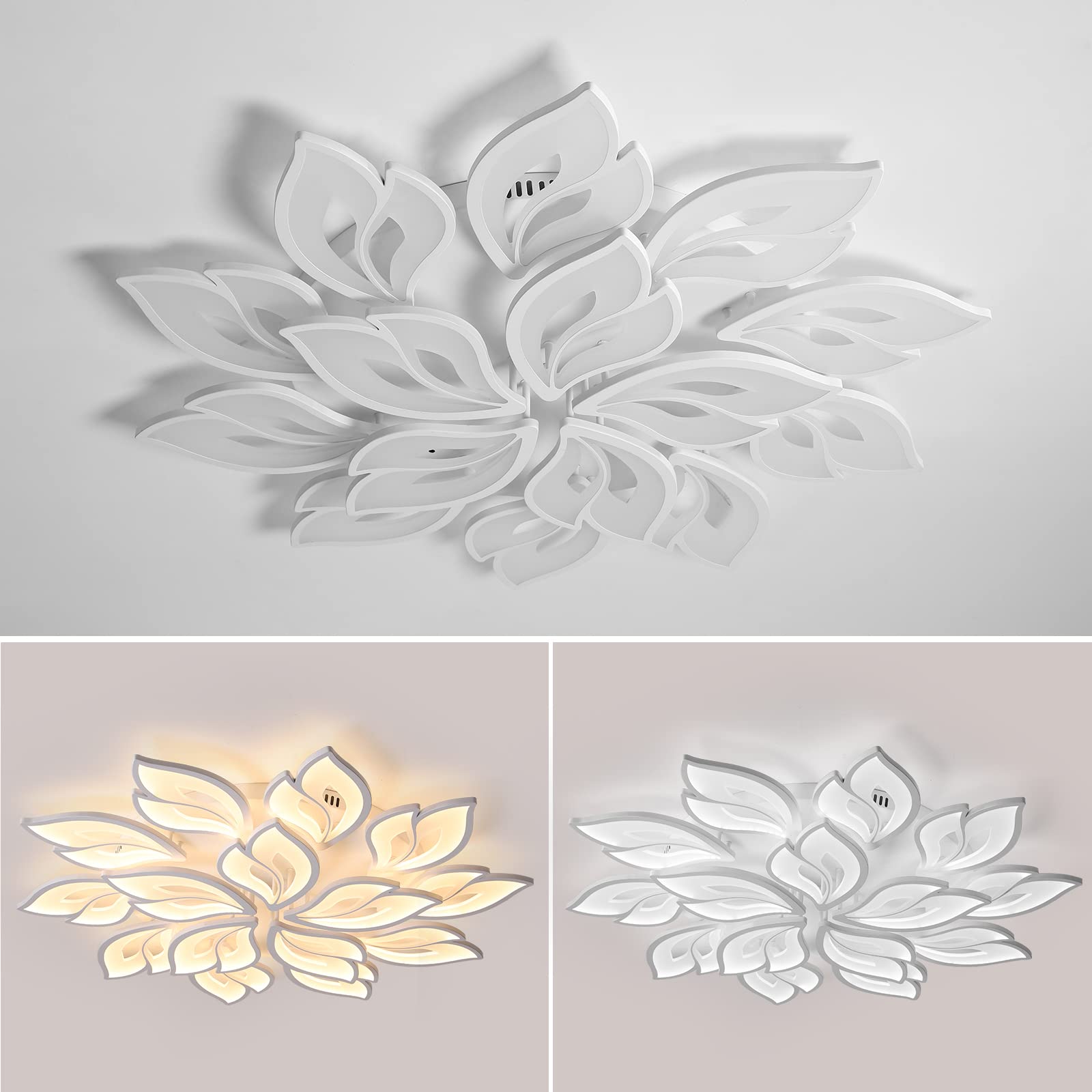 JAYMP Dimmable Flower Shaped Ceiling Light 39.4" LED Fixture, Remote Control, White/15 Petals, Model GB6105