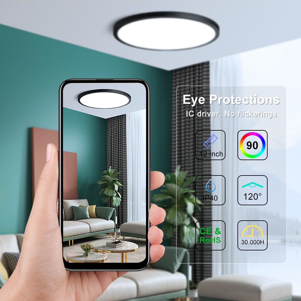 Ledlightsworld 12 24W Cold White Led Ceiling Light, Slim Black Flush Mount, 3200Lm, Model Lm-Xdd-Us-24W-Cw-1P-B