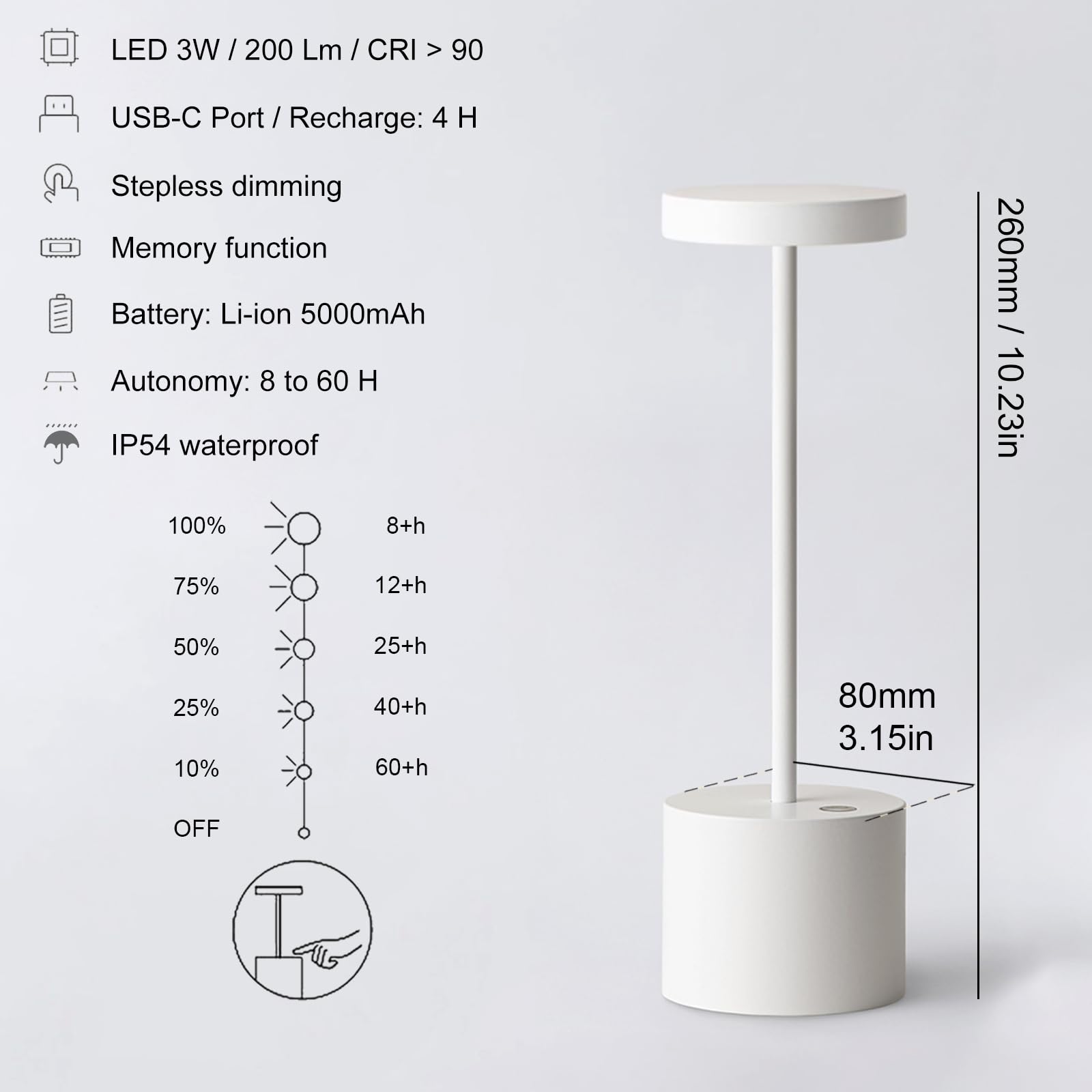 Cordless Rechargeable Led Table Lamp - Ip54 Waterproof, 3 Color Dimmable Metal Table Light, Portable Battery Operated For Indoor