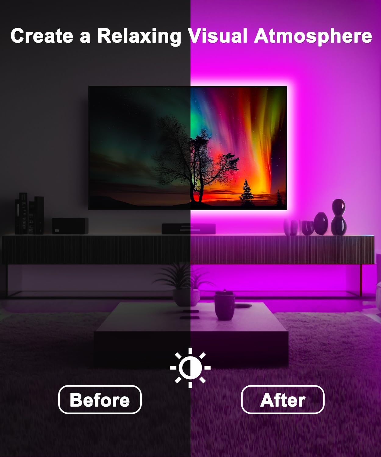 HORYLIT LED TV Backlight Strip Lights, 13.1ft for 43-55 inch TVs, Multicolor, Model HR-QLD-02, APP Remote Control