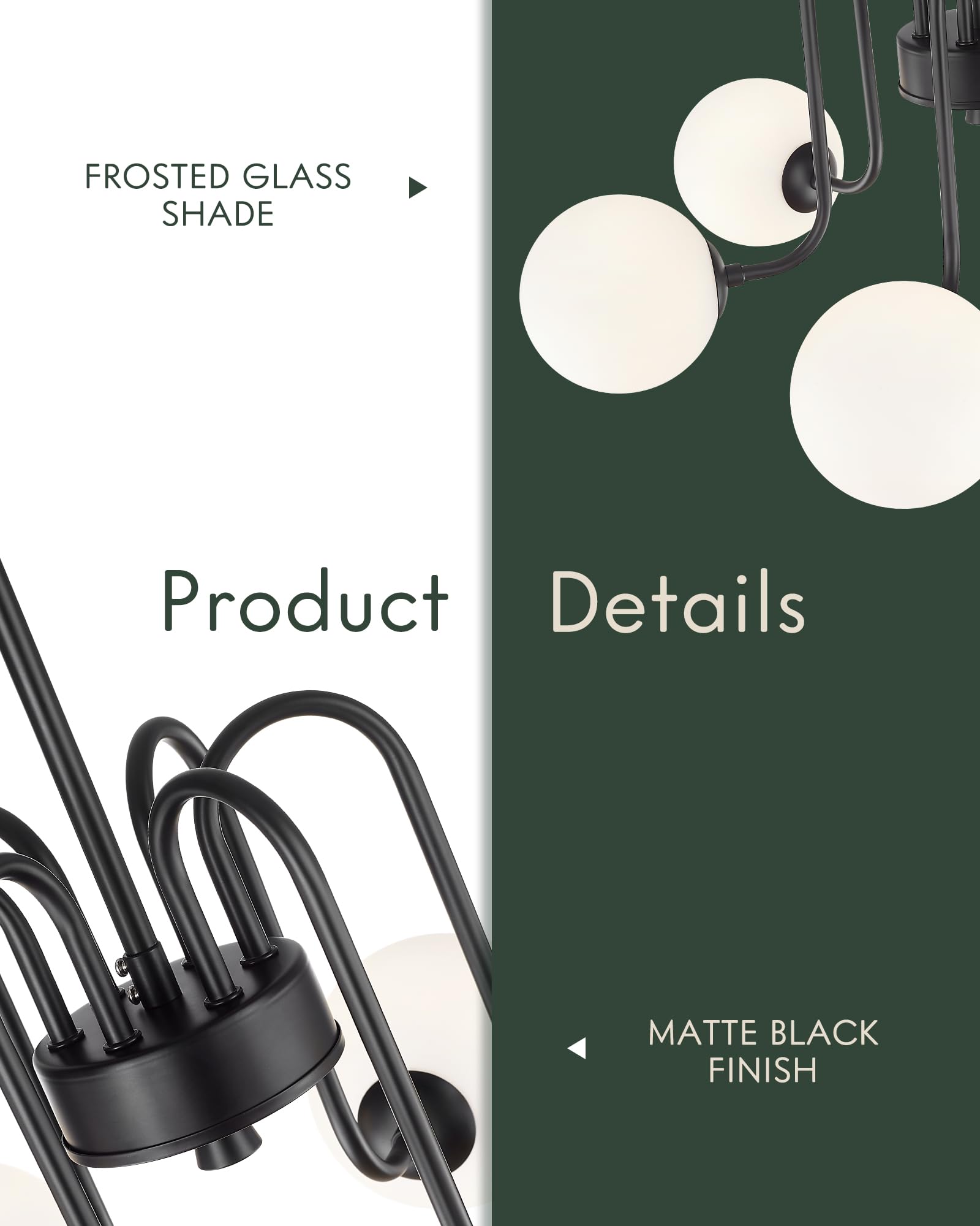 Cargifak Black Chandelier With Frosted Glass Globe, 6-Light Modern Pendant Light For Kitchen, Bedroom, Hallway, Living Room,Ckpl