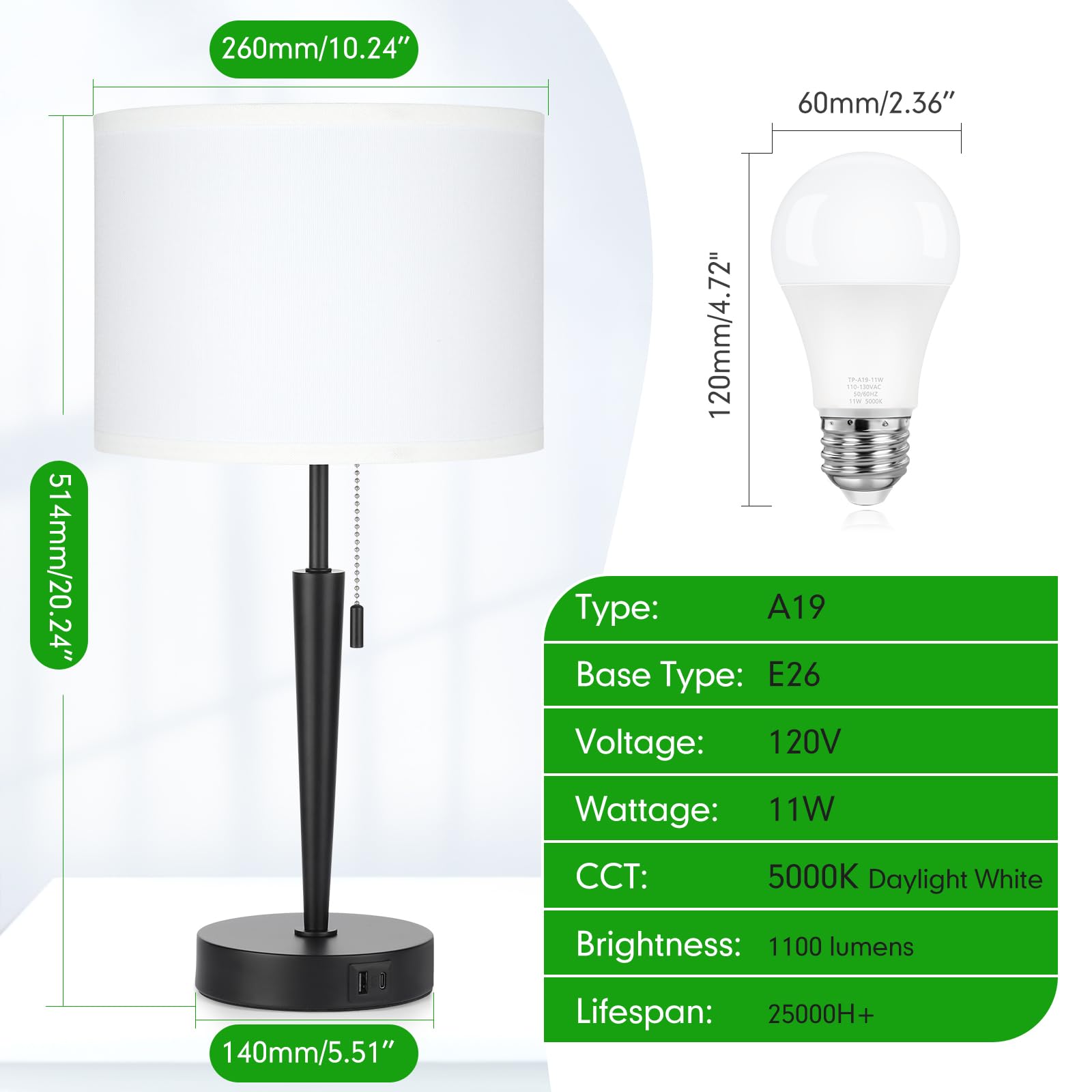 Ggoying Set Of 2 Nightstand Lamp,Pull Chain Bedside Table Lamp With Usb C+A Charging Ports,5000K Led Bulbs,White Fabric Lampshad