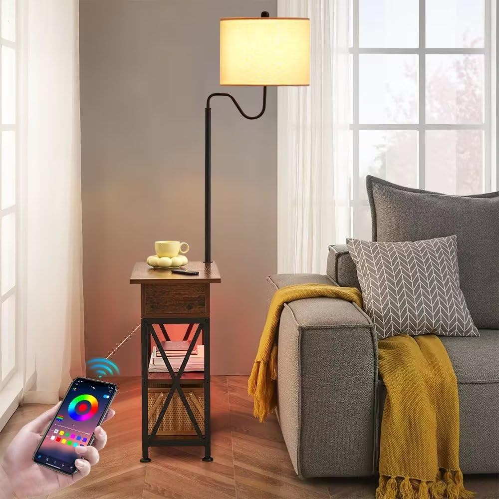 Dungoo Floor Lamp with Table, LED Lights & Remote, Narrow Nightstand with USB/AC Outlets, Brown, Model DG-BG-LEDL