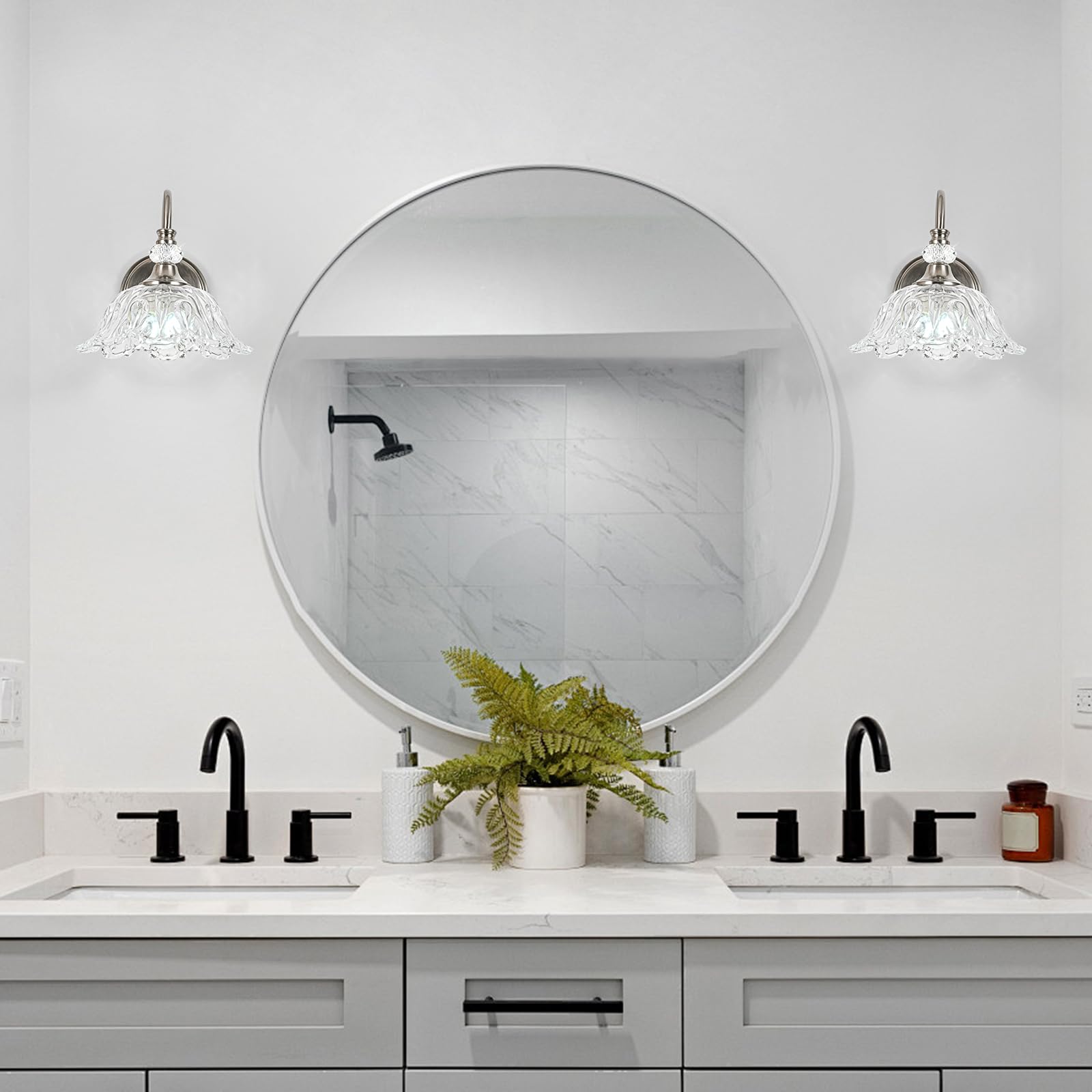 sunkryster Brushed Nickel Wall Sconce - 1-Light Modern Bathroom Vanity Light with Floral Clear Glass Shade, Model Sun-104AB-1-Nickel
