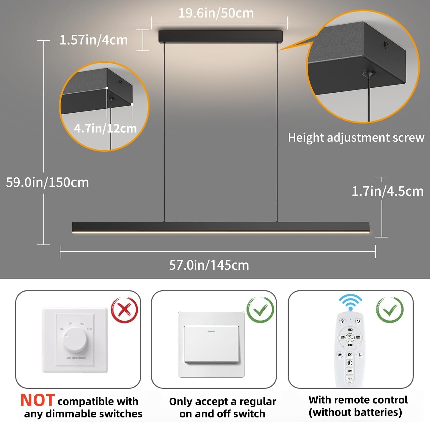 Zihoi Modern Ceiling Pendant Light 57In Led Black Linear Ceiling Chandelier Light Dining Room Living Room Warm & Cool  Neutral Light Aluminum Island Lighting Hanging Pendant Light For Kitchen