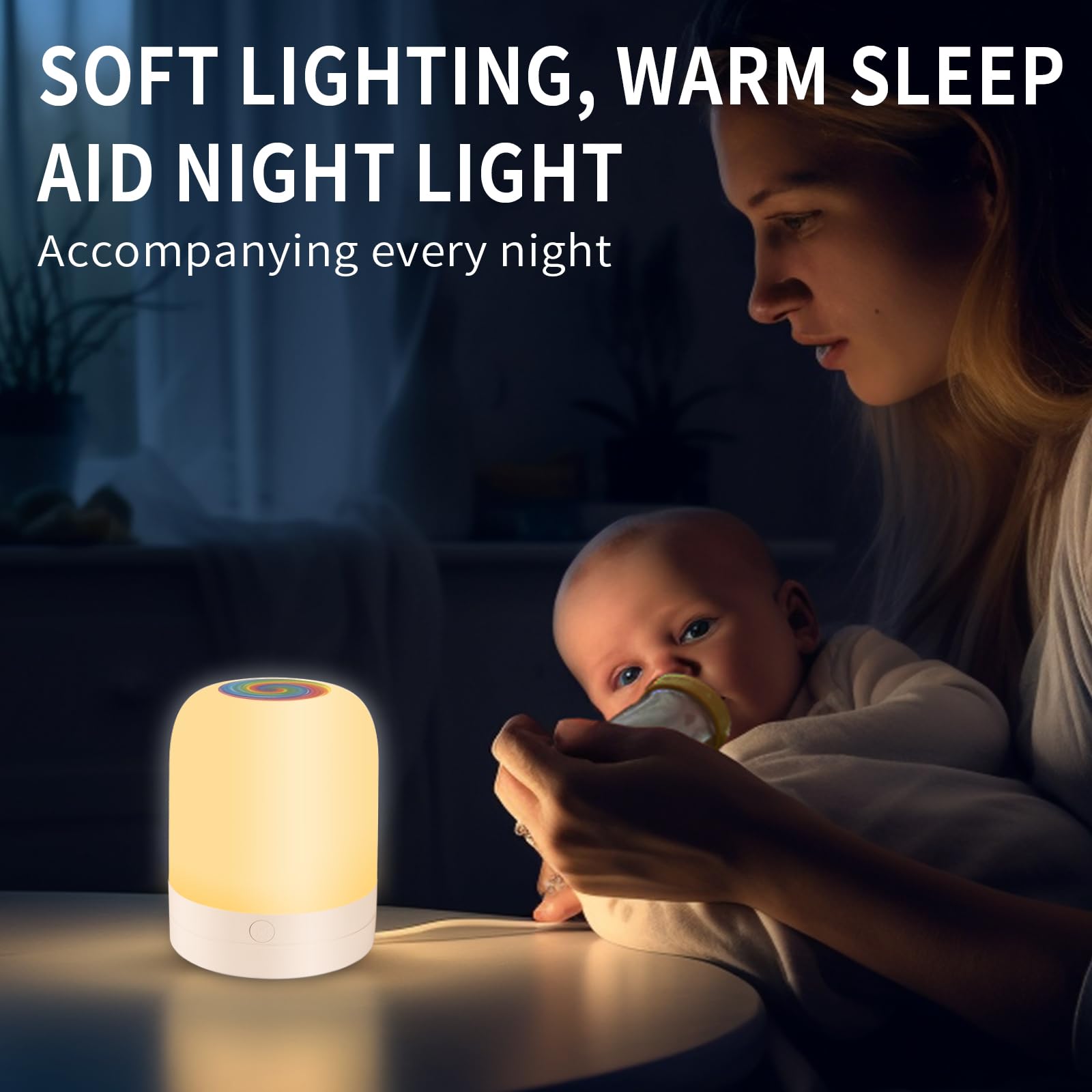 Deogos Small Kids Night Light, 13 Color Dimmable LED, Rechargeable, Touch Control, White, Model 01