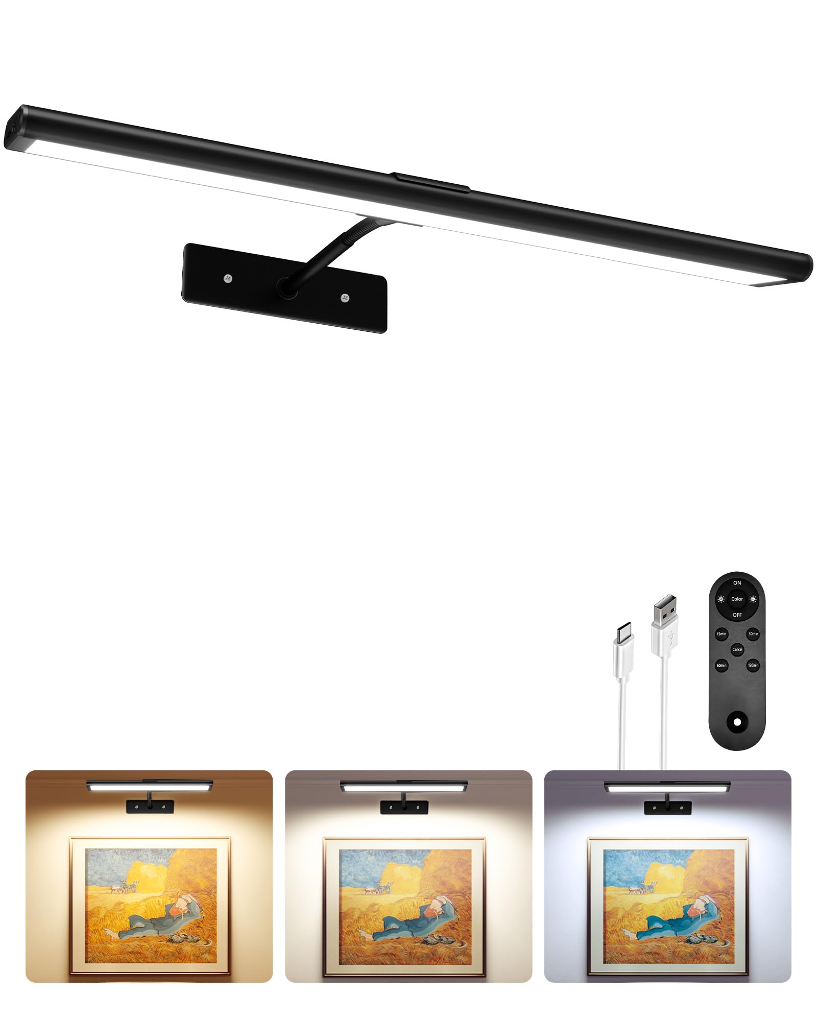 EZVALO Picture Light for Wall, 4800mAh Rechargeable Wireless Remote Battery Lights for Painting, 16In Dimmable Magnetic LED Art 