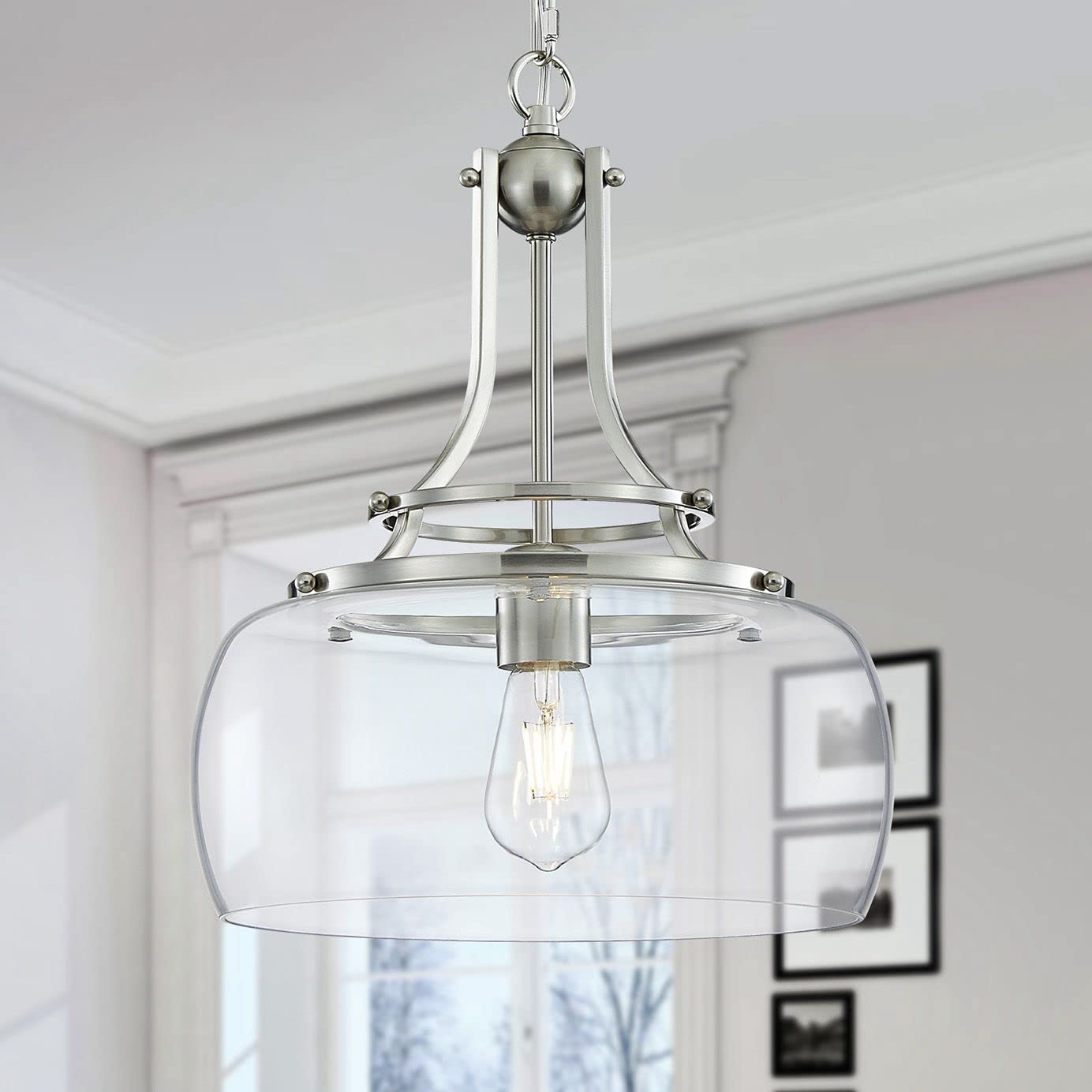 Wuzups Rustic Industrial Chandelier Pendant Light, Brushed Nickel, 17&quot; H, Clear Glass Shades