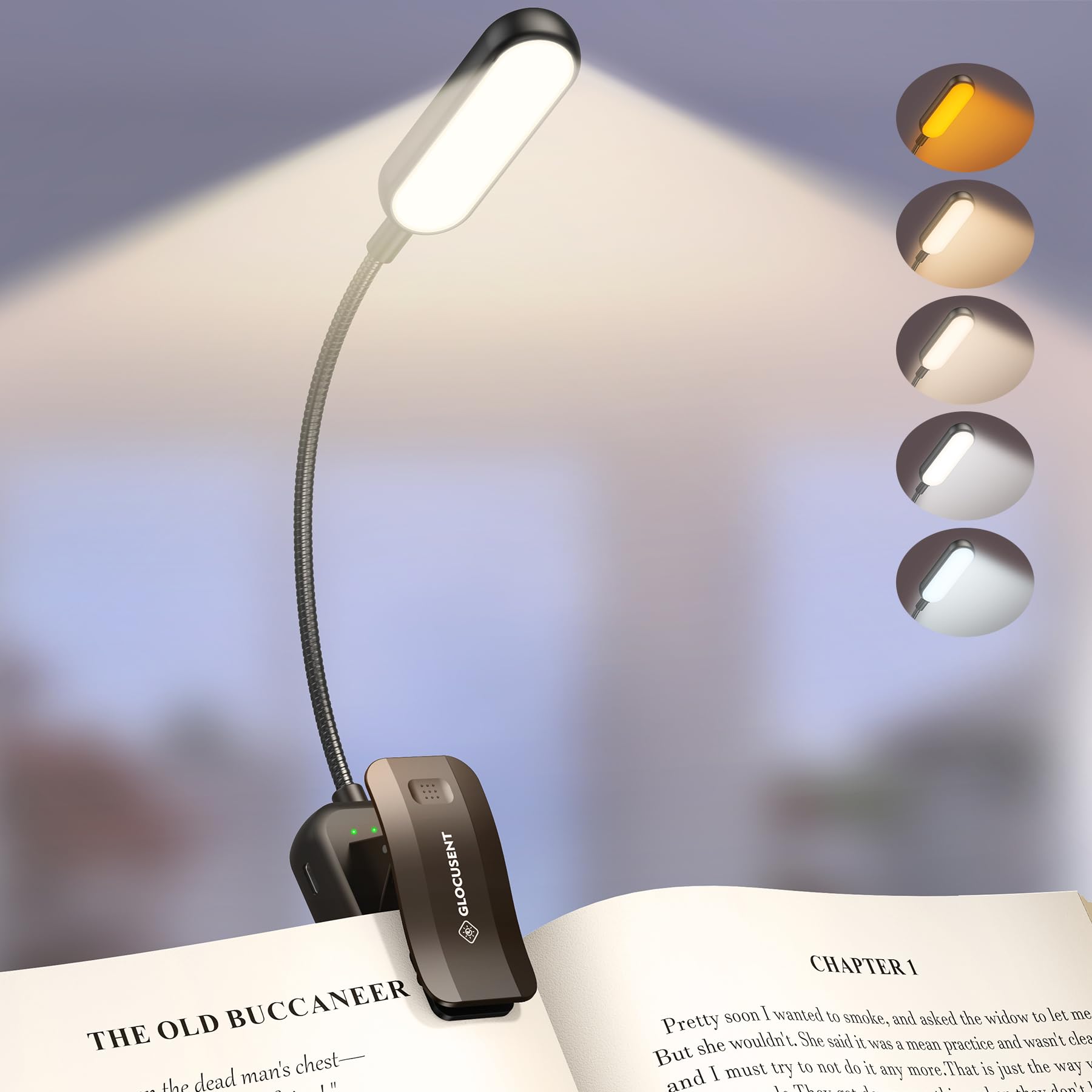Glocusent 20 LED Reading Lights for Books in Bed  Eye Caring Reading Light  5 Colors & 5 Brightness 3-100LM Dimmable  1200mAh Rechargeable Book Light to 90H  Lightweight Clip on Light for Book Lovers