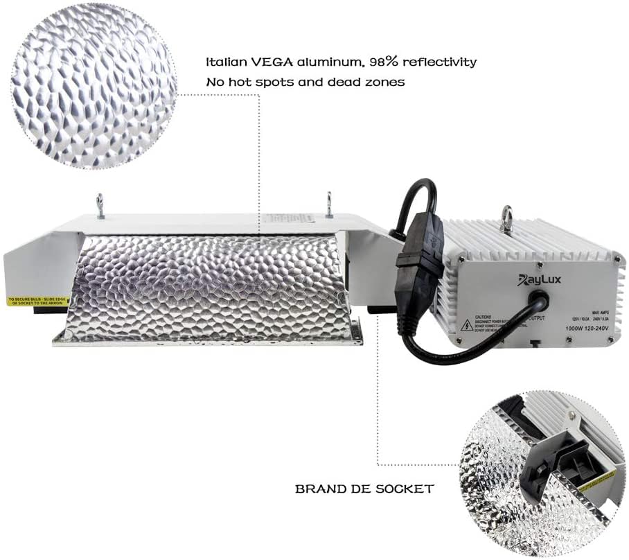 Generic Raylux 1000W DE Grow Light System with Aluminum Reflector, 2100K HPS Bulb, Close with Controller Port, Silver