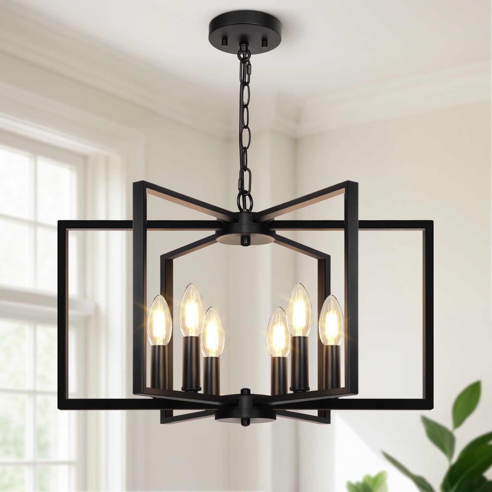 Black Farmhouse Chandelier  6 Light Geometric Dining Room Light Fixture  Modern Industrial Metal Ceiling Light Rustic Hanging Pendant Lights with E12 base for Kitchen Island Entryway Foyer  Indoor