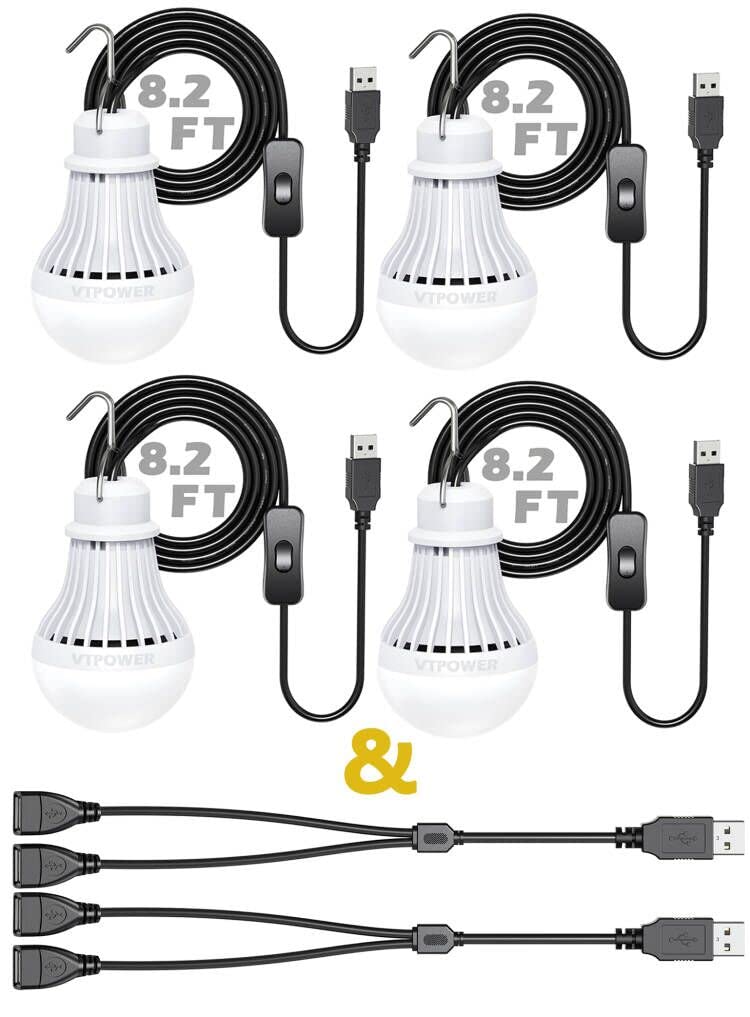 VTpower Portable LED Bulb 5W USB Light 4 Pack with 2.5m Cord, White, Model 001