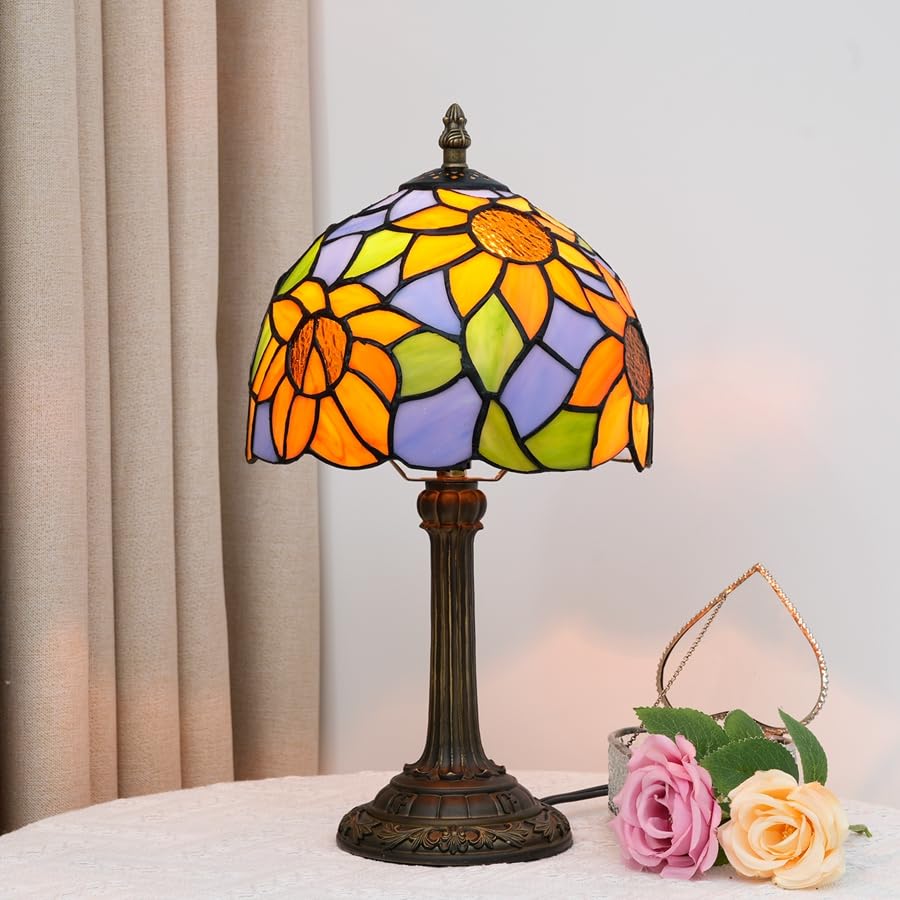 TIFLRIS Tiffany Style Table lamp Blue Sunflower Style Colored Glass Bedside lamp, Vintage Traditional Desk lamp Used for Bedroom
