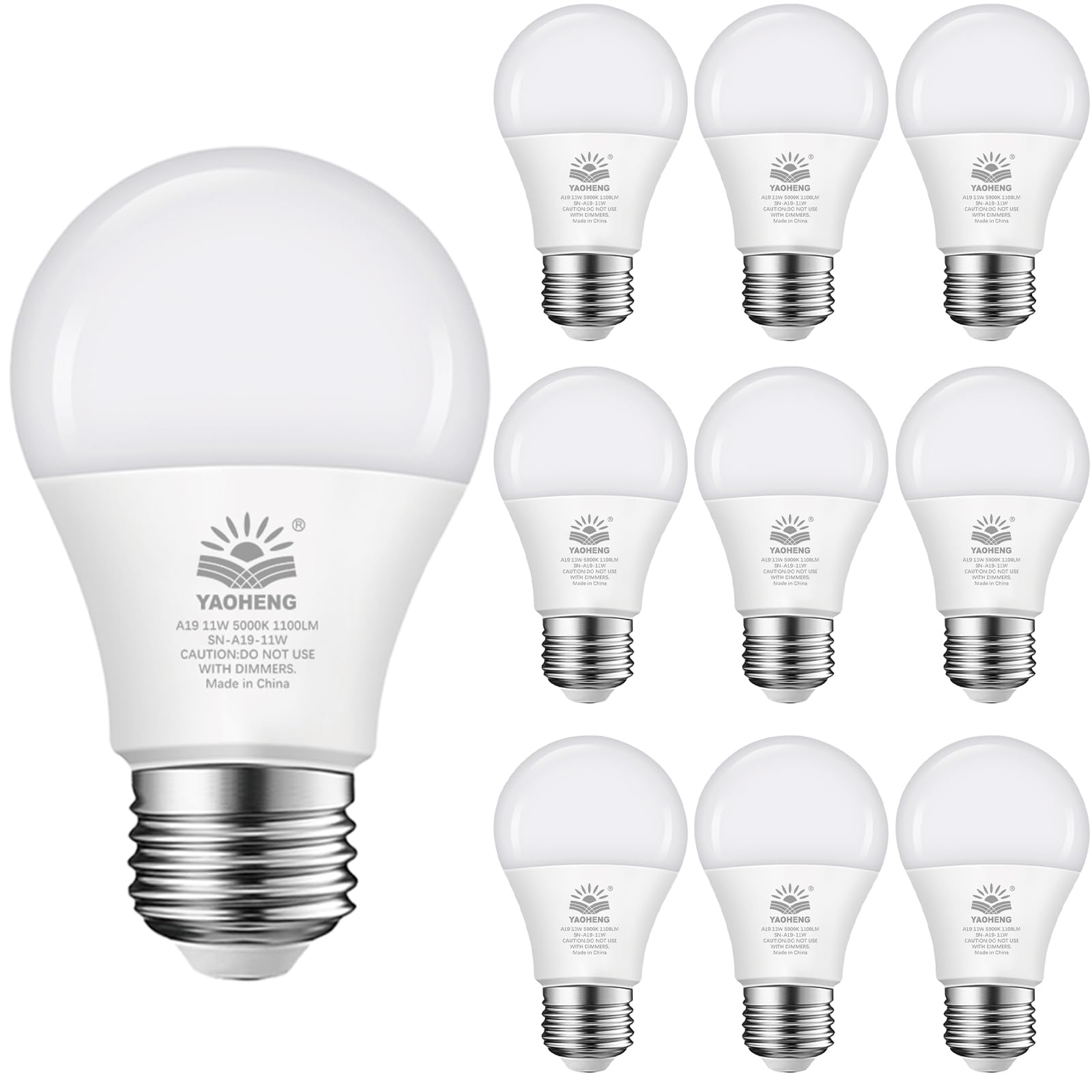 YAOHENG A19 LED Light Bulb 11W 75 Watt Equivalent 1100 Lumens Non-Dimmable E26 Base 5000K Daylight 10-Pack