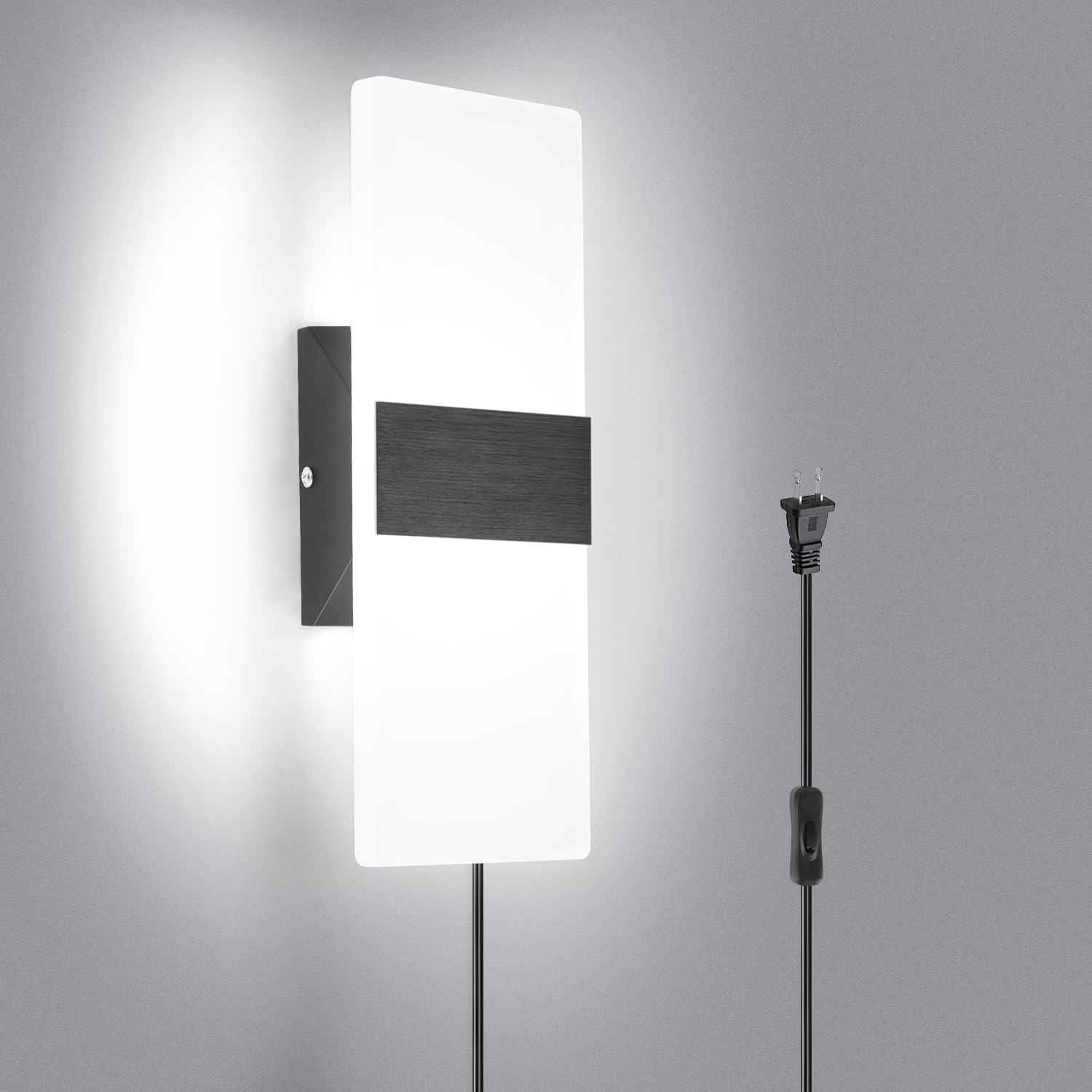 TRLIFE Wall Sconce, 12W LED 6000K Cool White, Aluminum, Plug-in with 6FT Cord, On/Off Switch, 1 Pack, Black