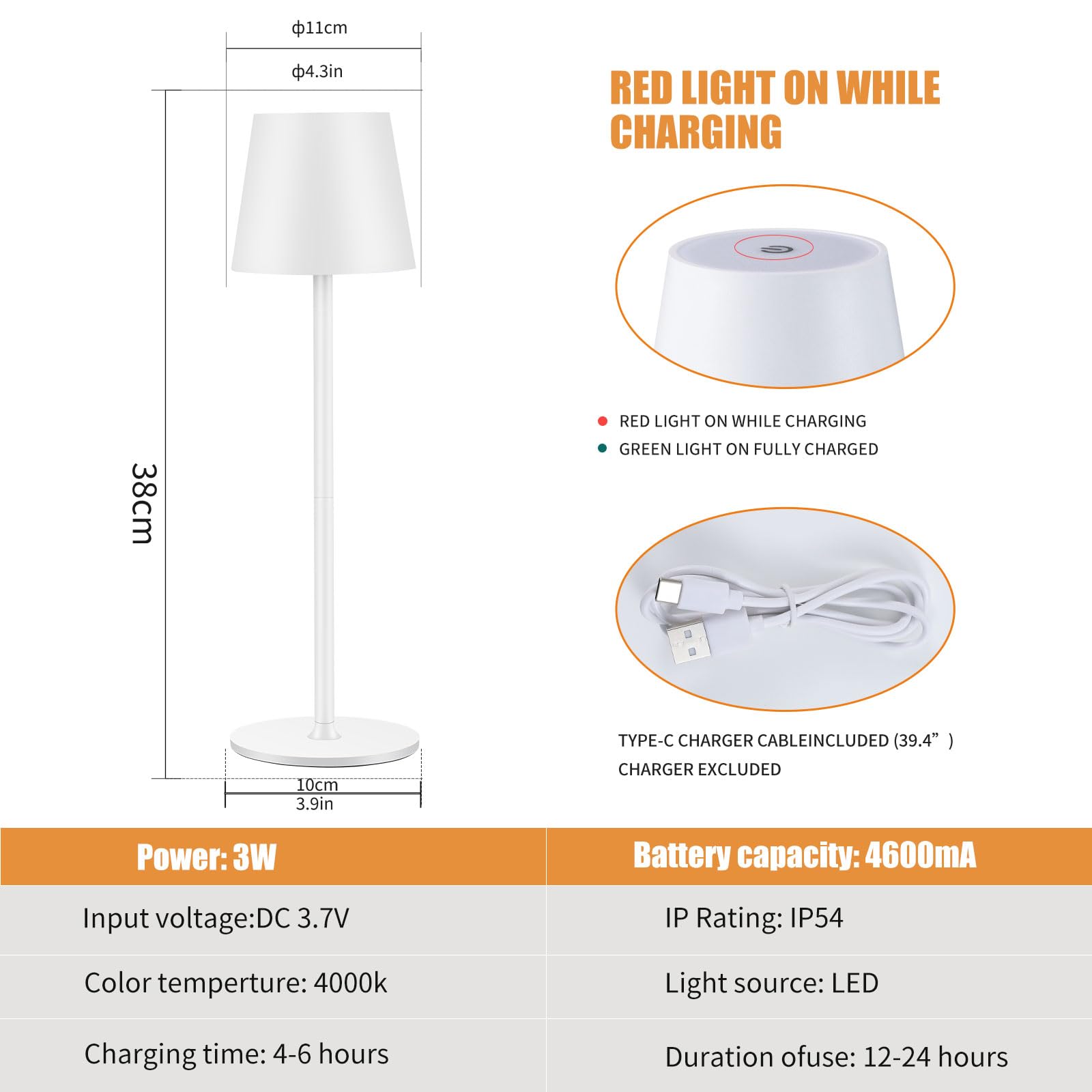 IMQSQIK Cordless Table Lamp, USB Rechargeable, Touch Control, 4600 mAh Battery, Aluminum, White, Model Ue566