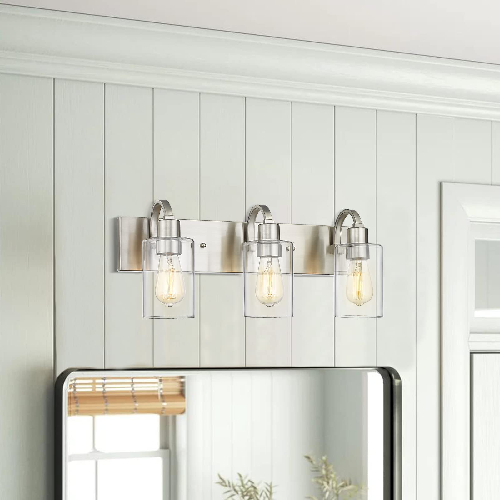 Emliviar 3-Light Brushed Nickel Vanity Light Fixture With Clear Glass For Modern Bathrooms