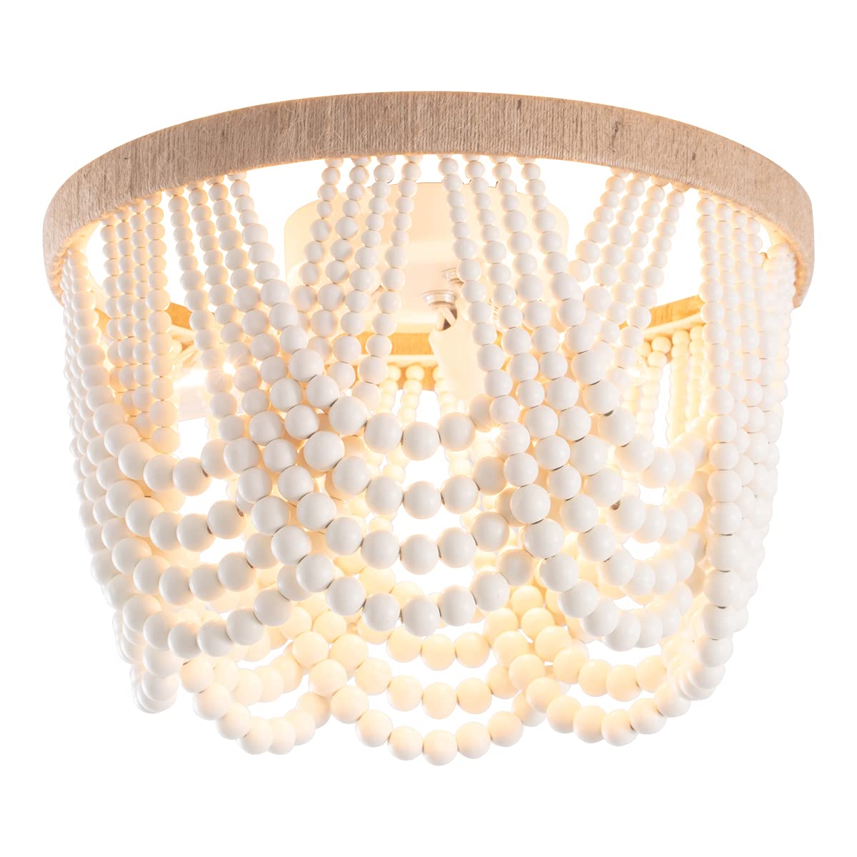 VILUXY Bohemia Wood Beaded Flush Mount Ceiling Light Antique Rustic Mini Chandelier White Finishing for Bedroom,Nursery Room, Gi