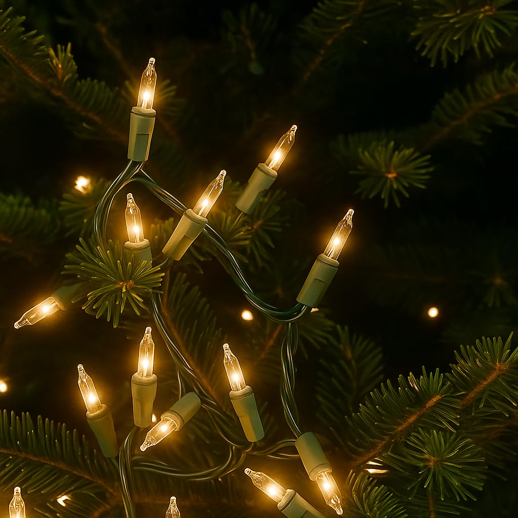 Novelty Lights 34 Feet 100 Bulbs Traditional Incandescent Mini Lights, Clear On Green Wire With 4 Spacing, Commercial Grade And