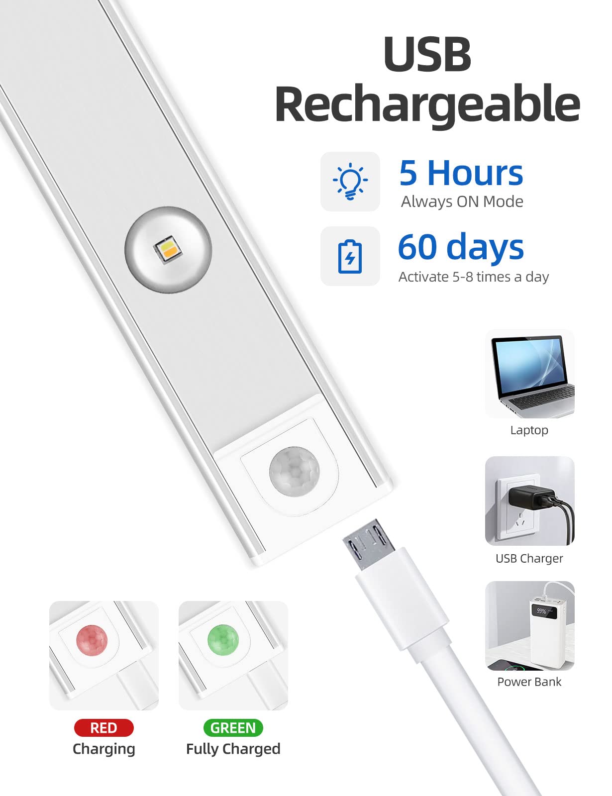 Garto Silver Led Under Cabinet Light 2 Pack - 11.81 Inch Motion Sensor Usb Rechargeable