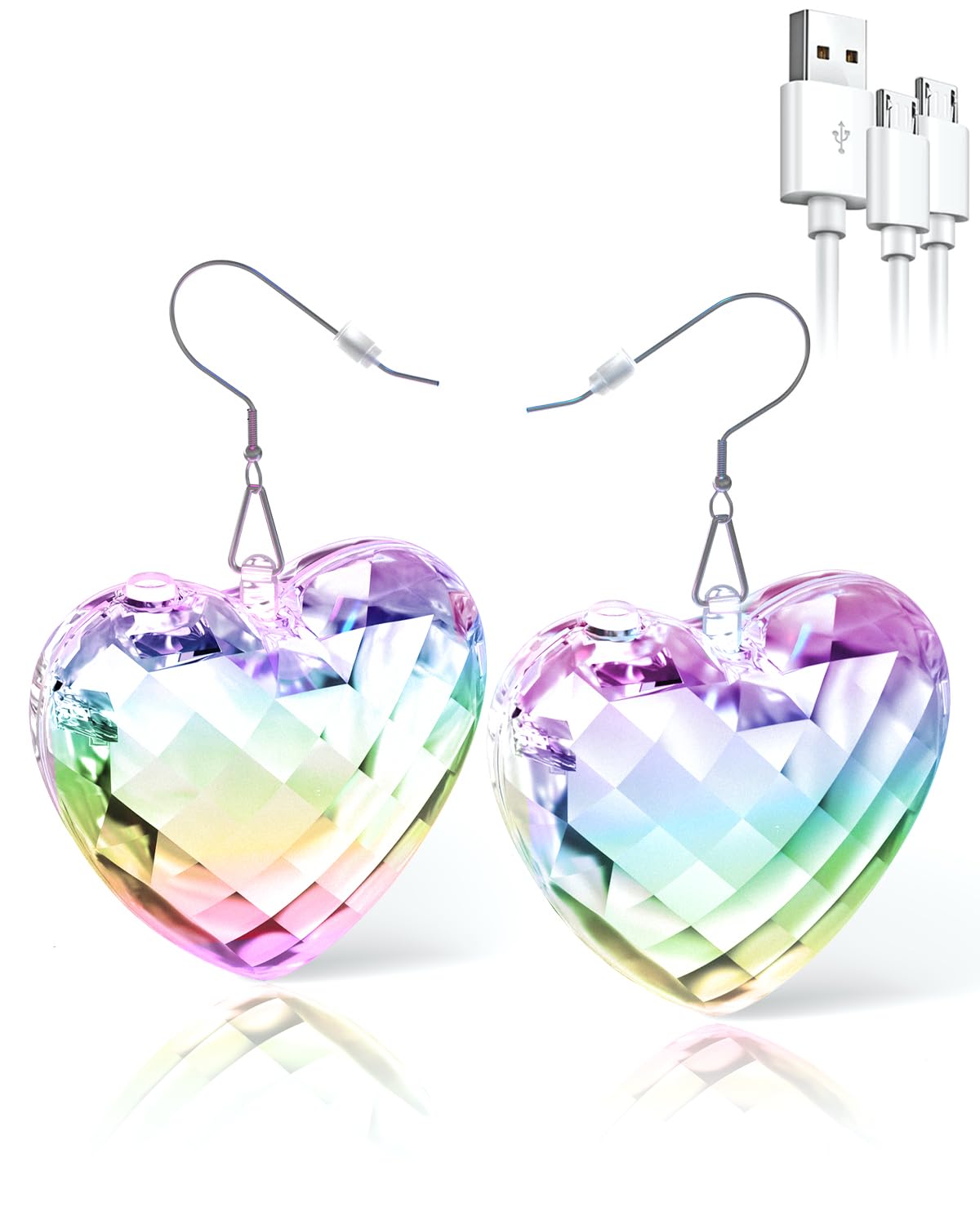 PUFIER LED Earrings - Light Up Heart Earrings with 16 Modes, Rechargeable, Transparent Heart, Model 2llud