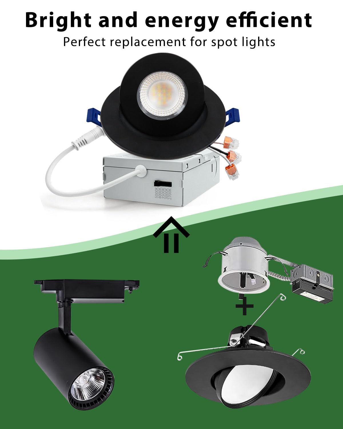 Zouzai 4 Inch 5Cct Gimbal Black Led Recessed Lights  360+90 Adjustable Directional Recessed Lighting  2700K-5000K Dimmable Retrofit Eyeball Can Lights With Jbox  Etl&Energy Star(Black 1 Pack)